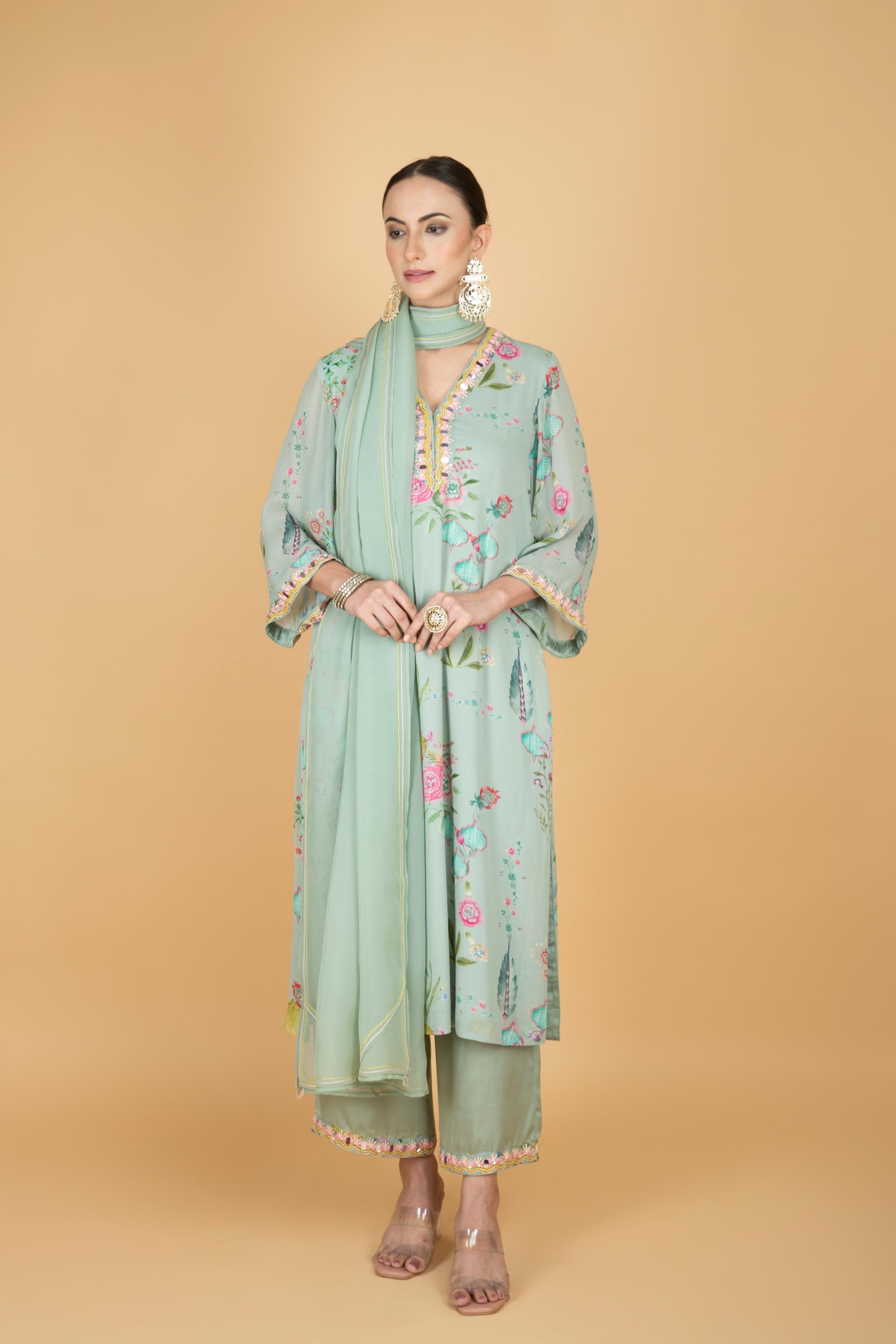 Green Floral Print Mirror Embroiderd Kurta With Pants & Dupatta