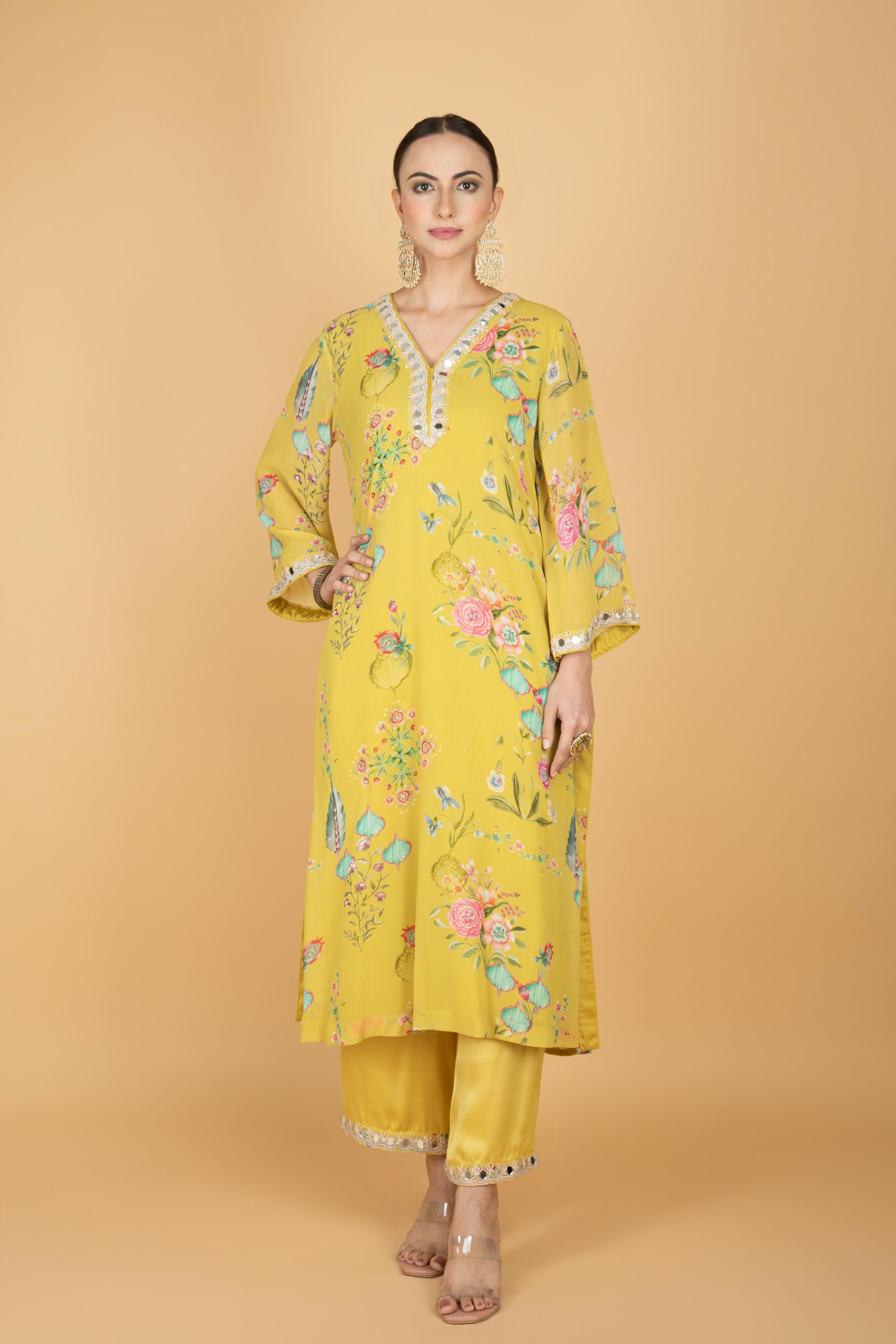 Lemon Yellow Floral Print Mirror Embroidered Kurta With Pants & Dupatta