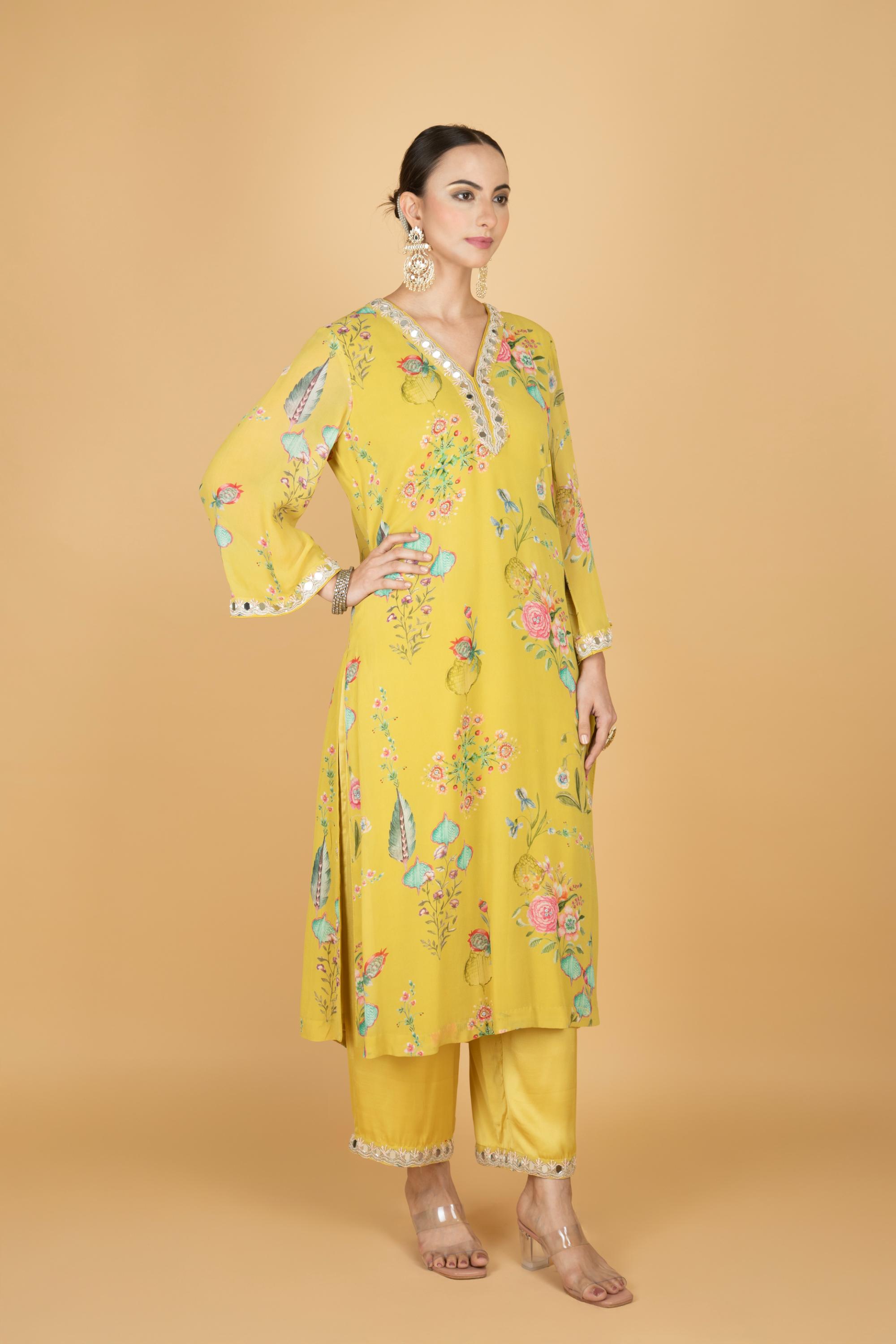 Lemon Yellow Floral Print Mirror Embroidered Kurta With Pants & Dupatta