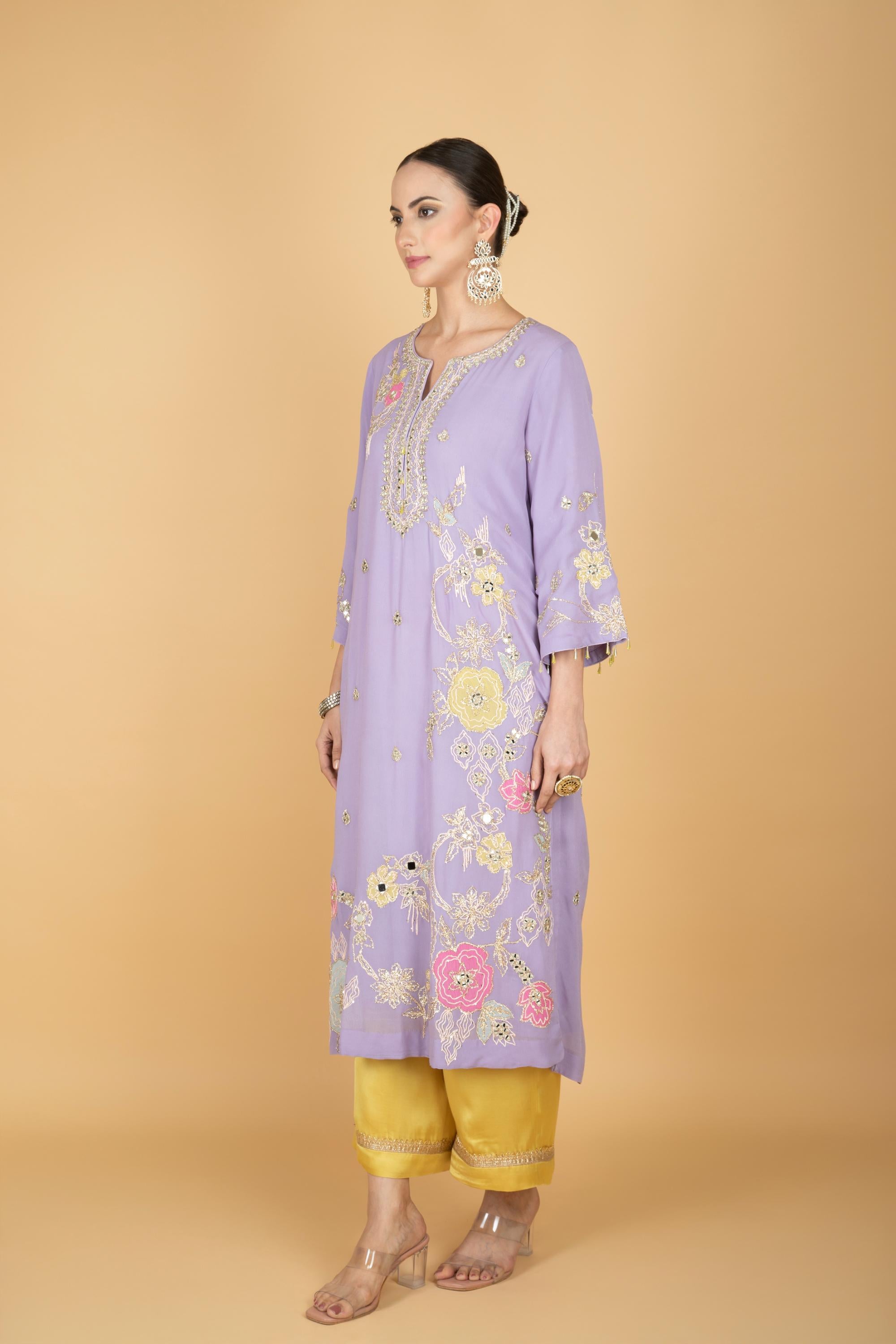 Purple Embroidered Kurta W/Contrasting Pant & Shaded Dupatta