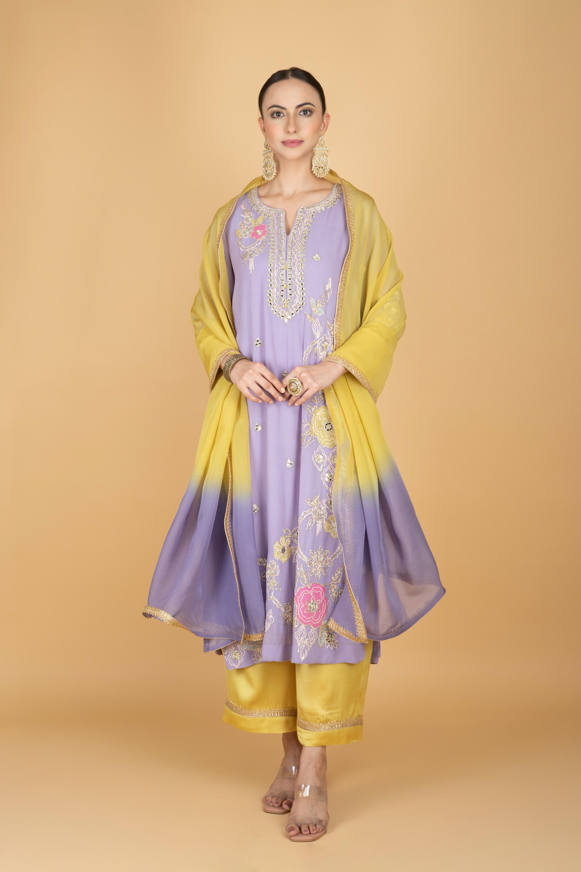 Purple Embroidered Kurta W/Contrasting Pant & Shaded Dupatta