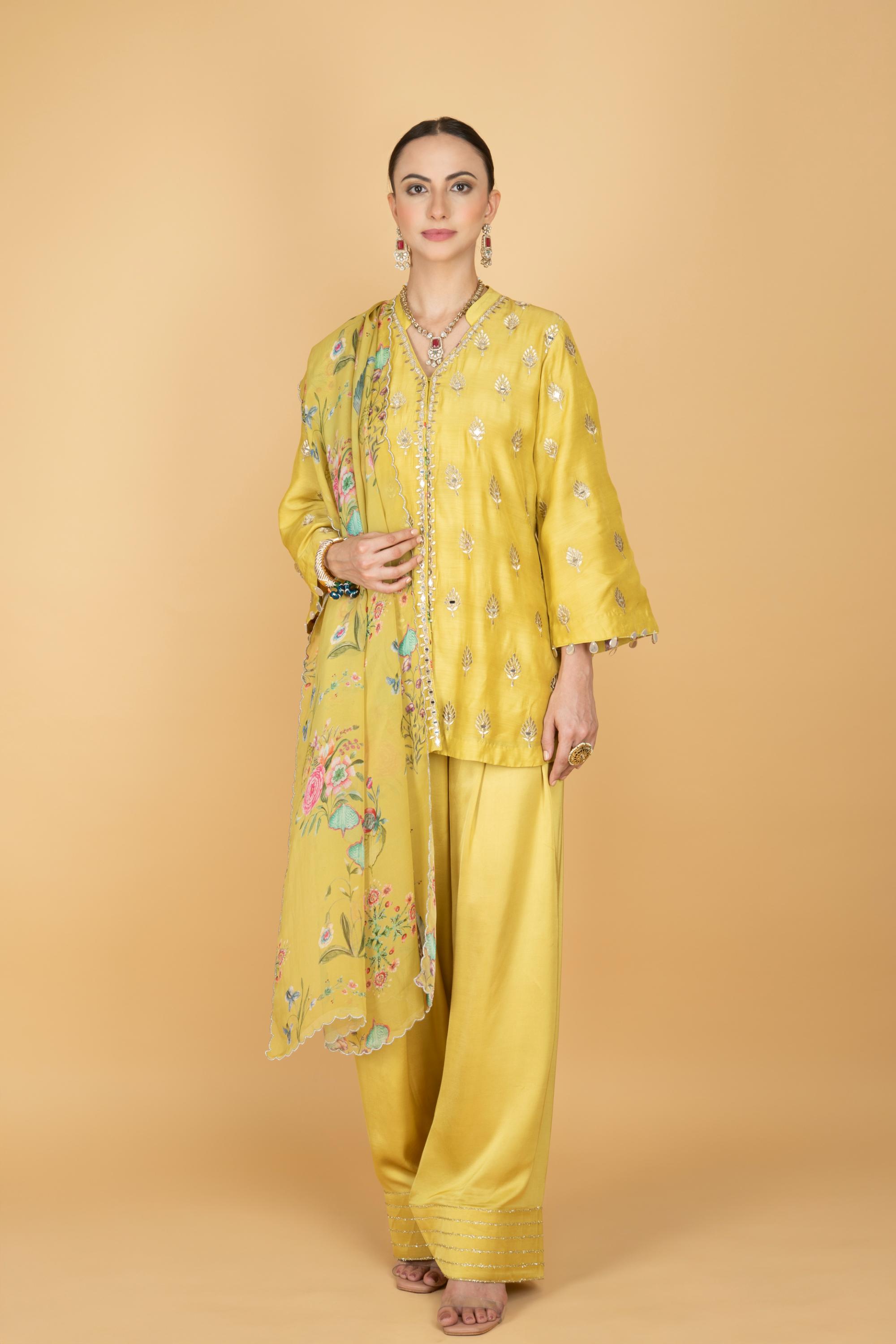 Lime Yellow Mirror Butti Embroidered Short Kurta with Farsi Salwar & Printed Dupatta