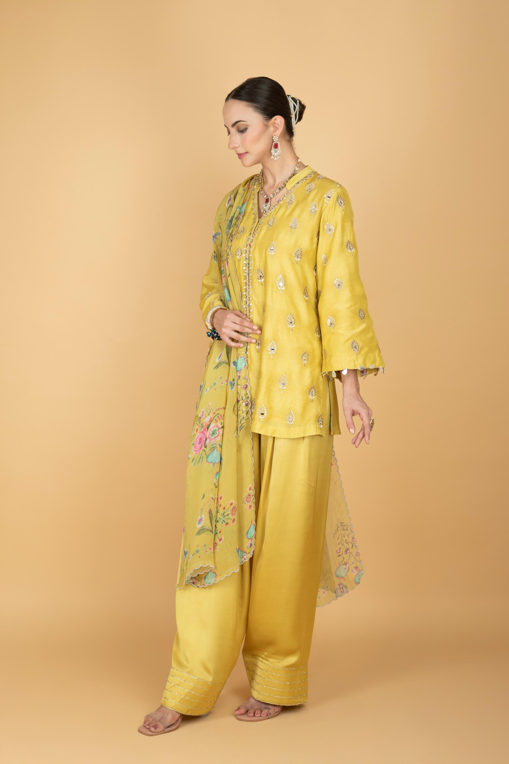 Lime Yellow Mirror Butti Embroidered Short Kurta with Farsi Salwar & Printed Dupatta