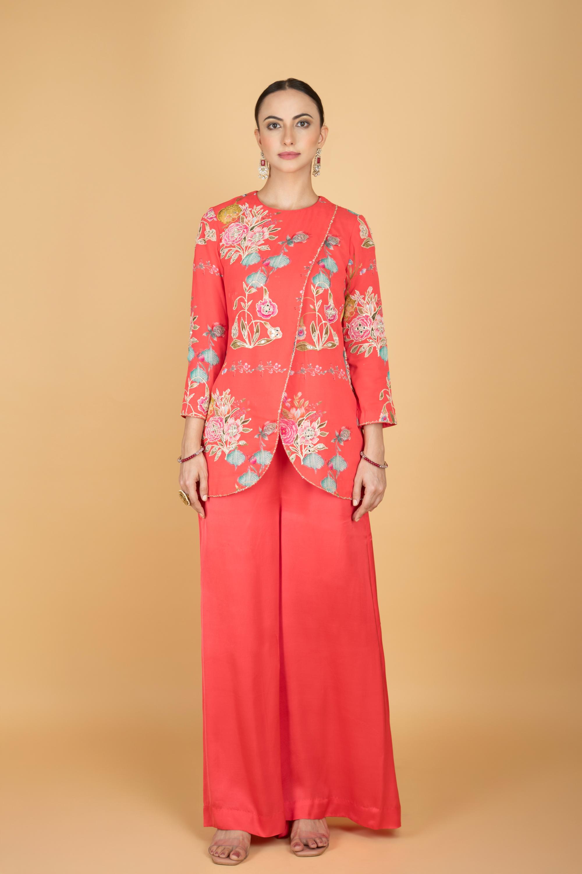 Coral Pink Floral Print Embroidered Overlay Top W/Pants