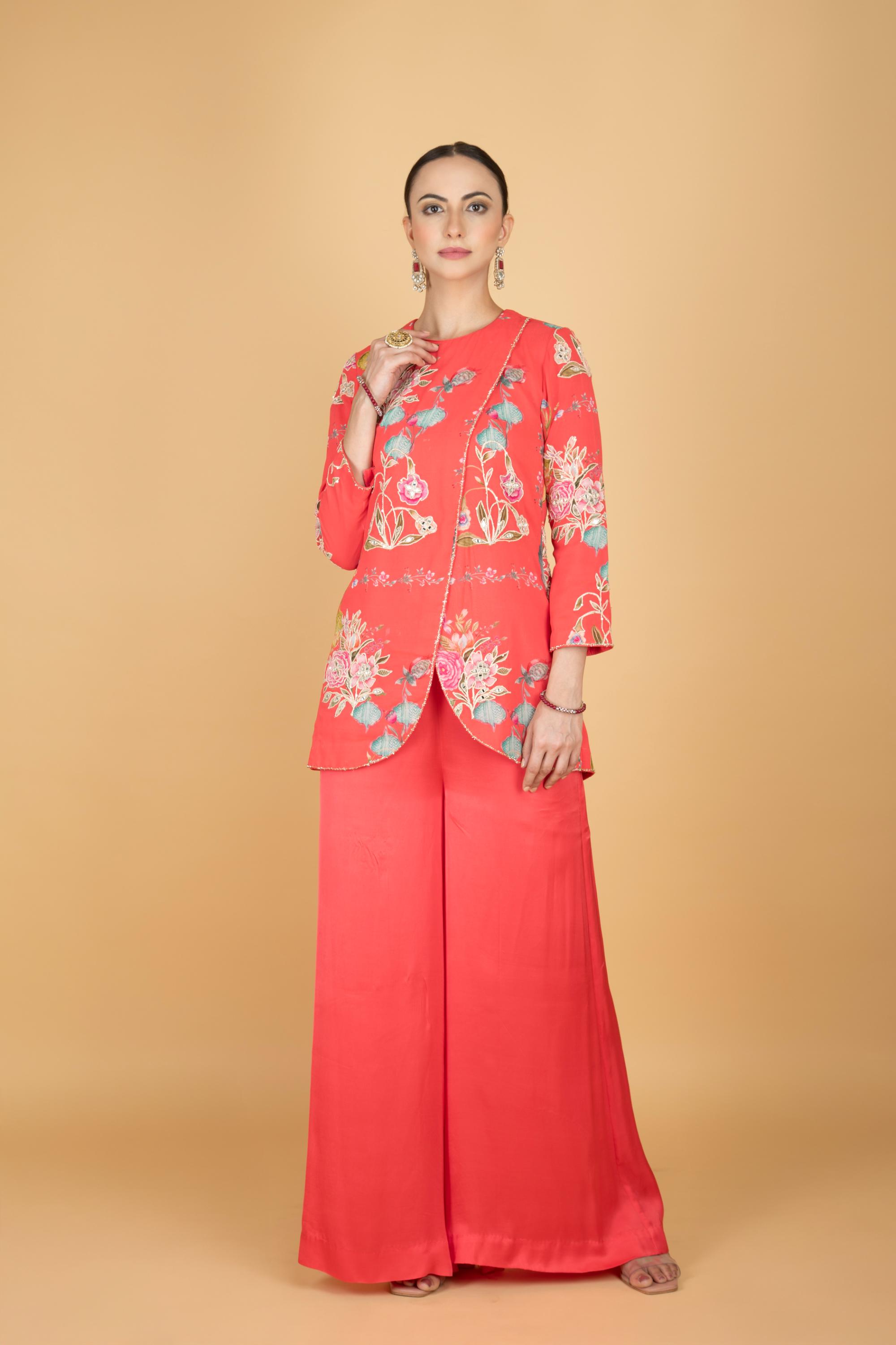 Coral Pink Floral Print Embroidered Overlay Top W/Pants