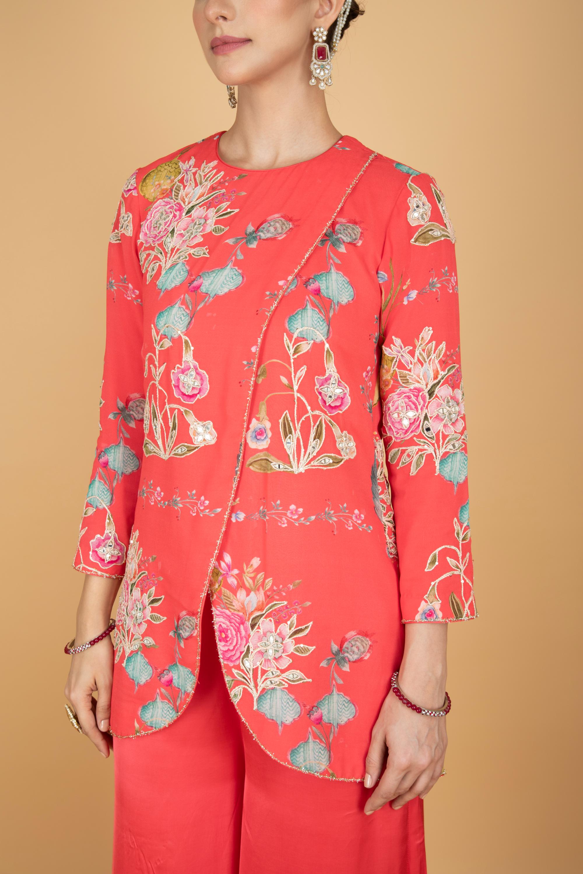 Coral Pink Floral Print Embroidered Overlay Top W/Pants