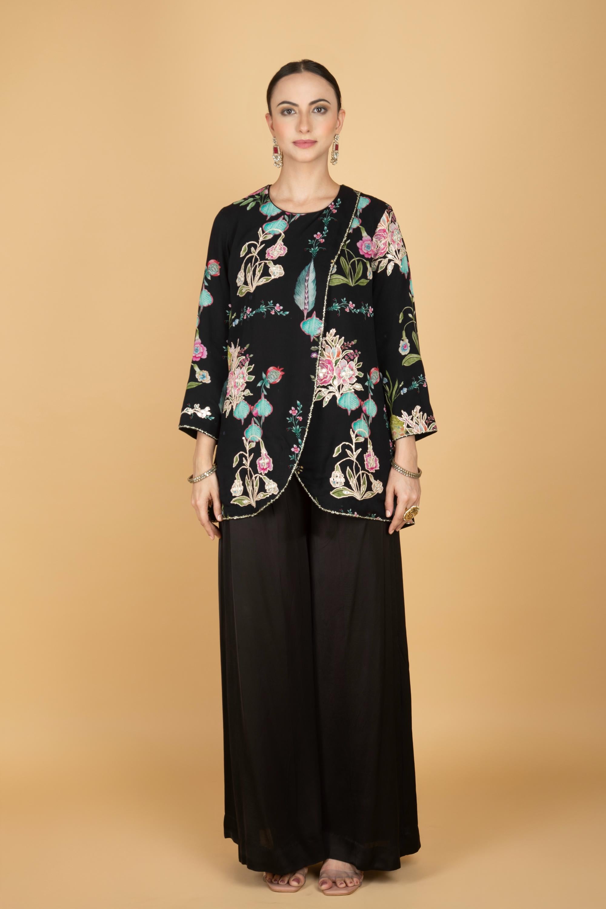 Black Floral Print Embroidered Overlay Top With Pants