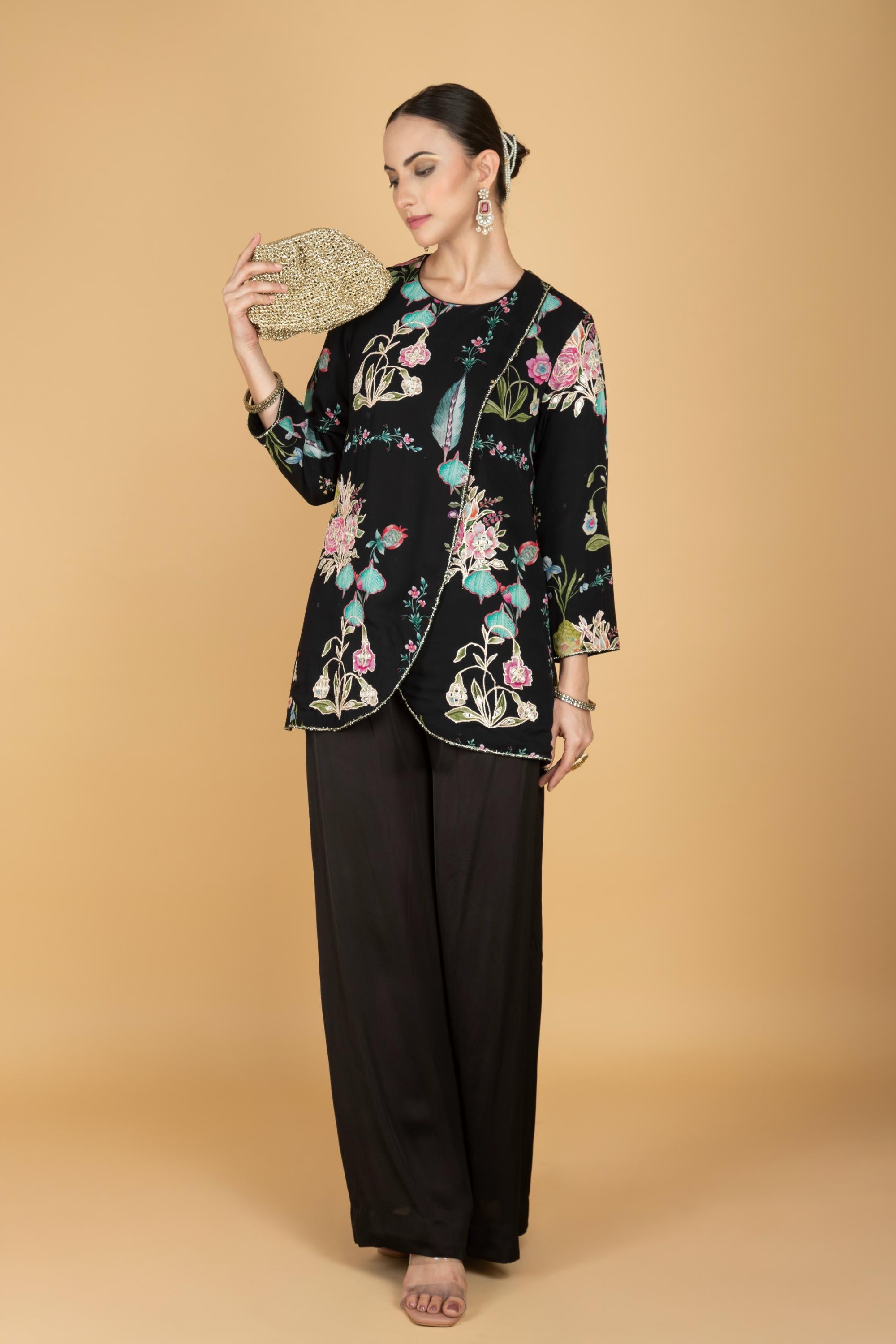 Black Floral Print Embroidered Overlay Top With Pants