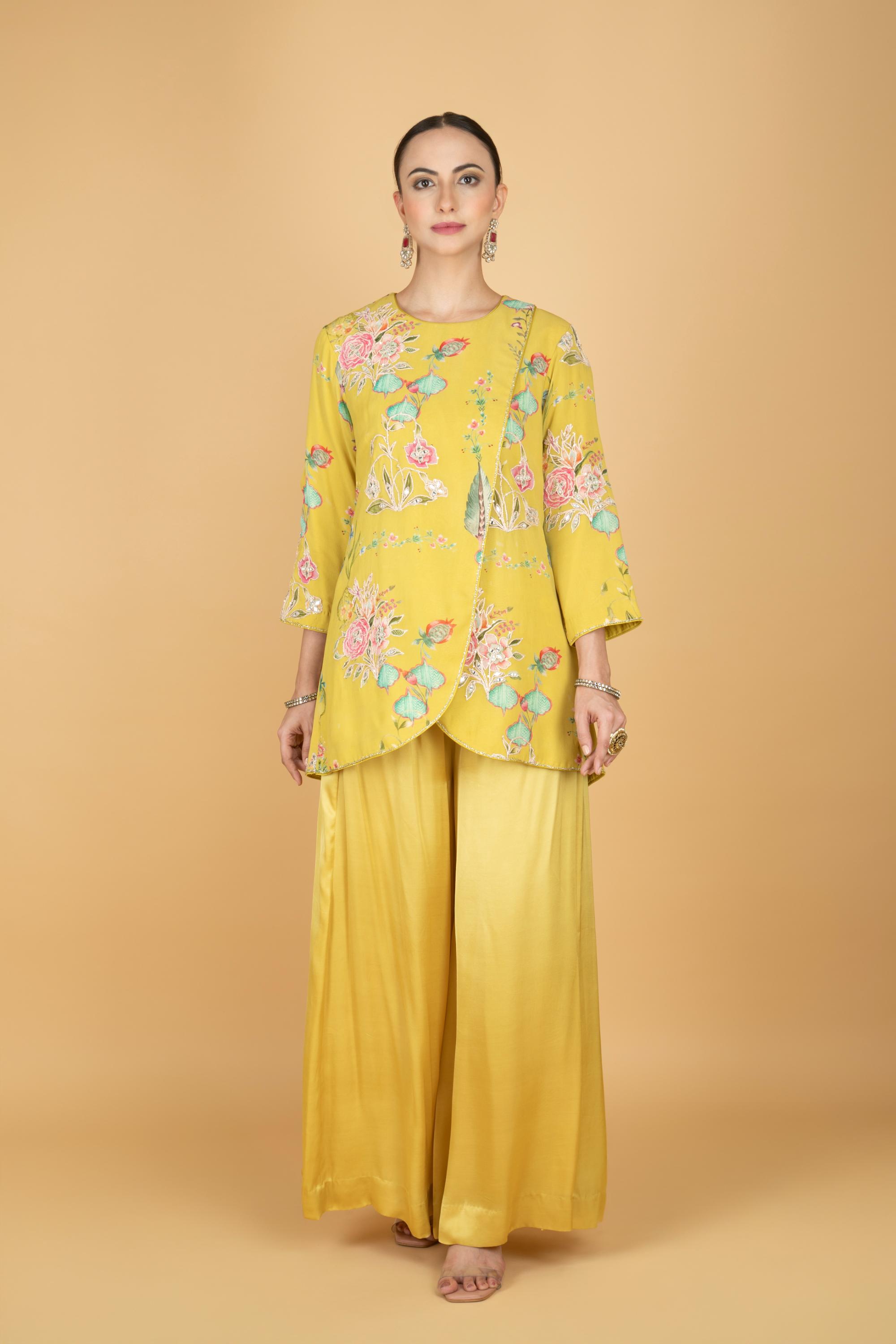 Lemon Yellow Floral Print Embroidered Overlay Top W/Pants