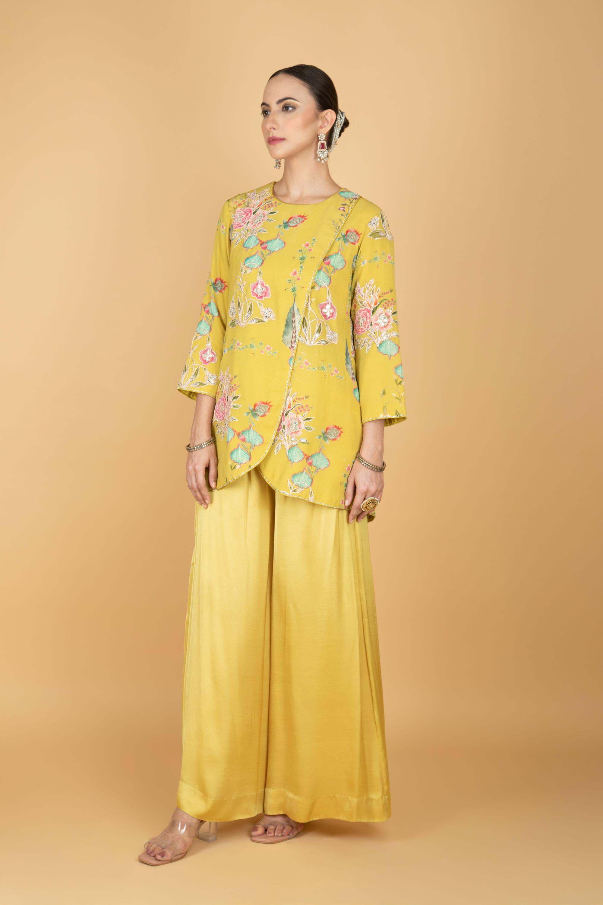 Lemon Yellow Floral Print Embroidered Overlay Top W/Pants