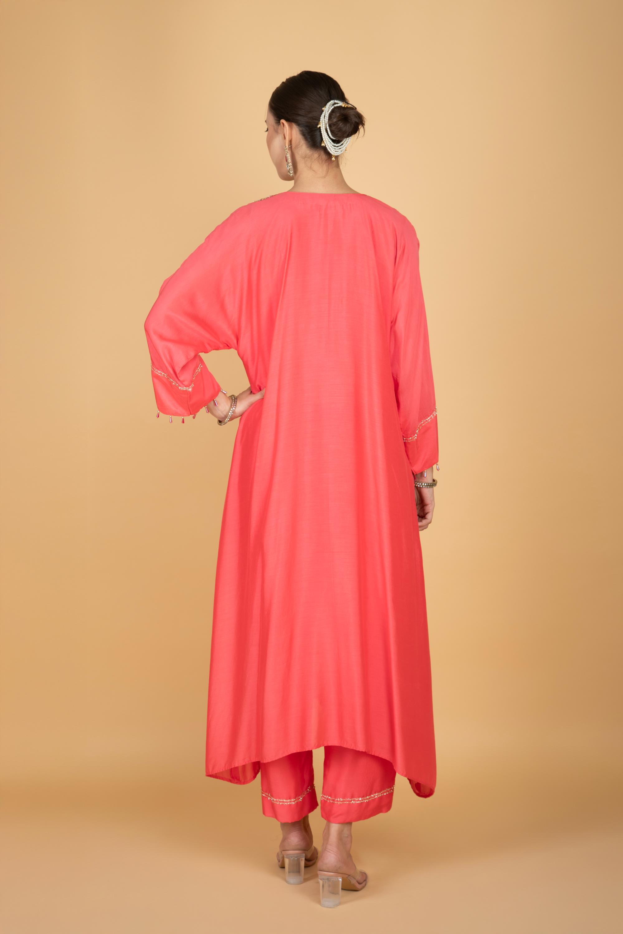 Coral Pink Embroidered Kaftaan Kurta With Pants