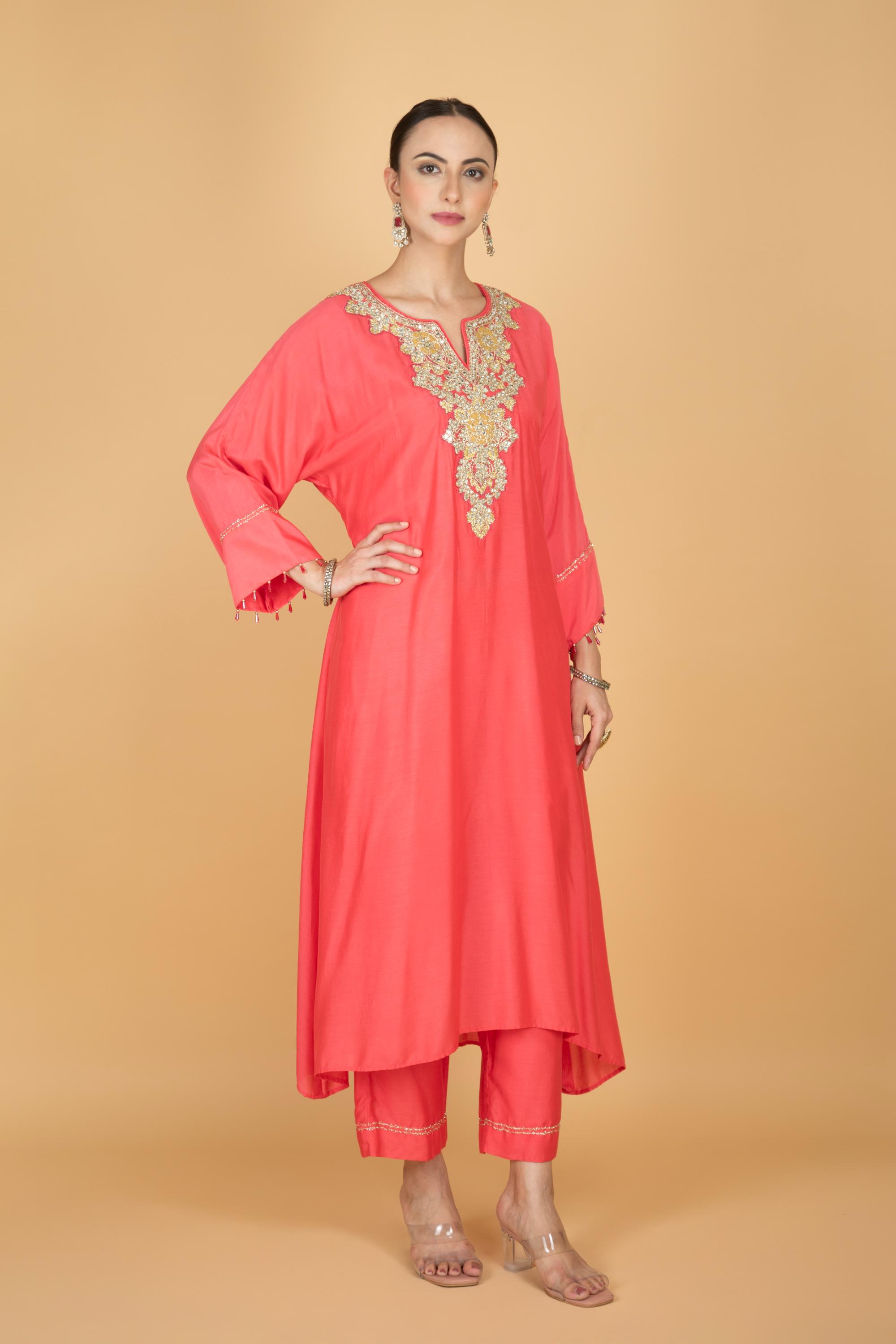 Coral Pink Embroidered Kaftaan Kurta With Pants