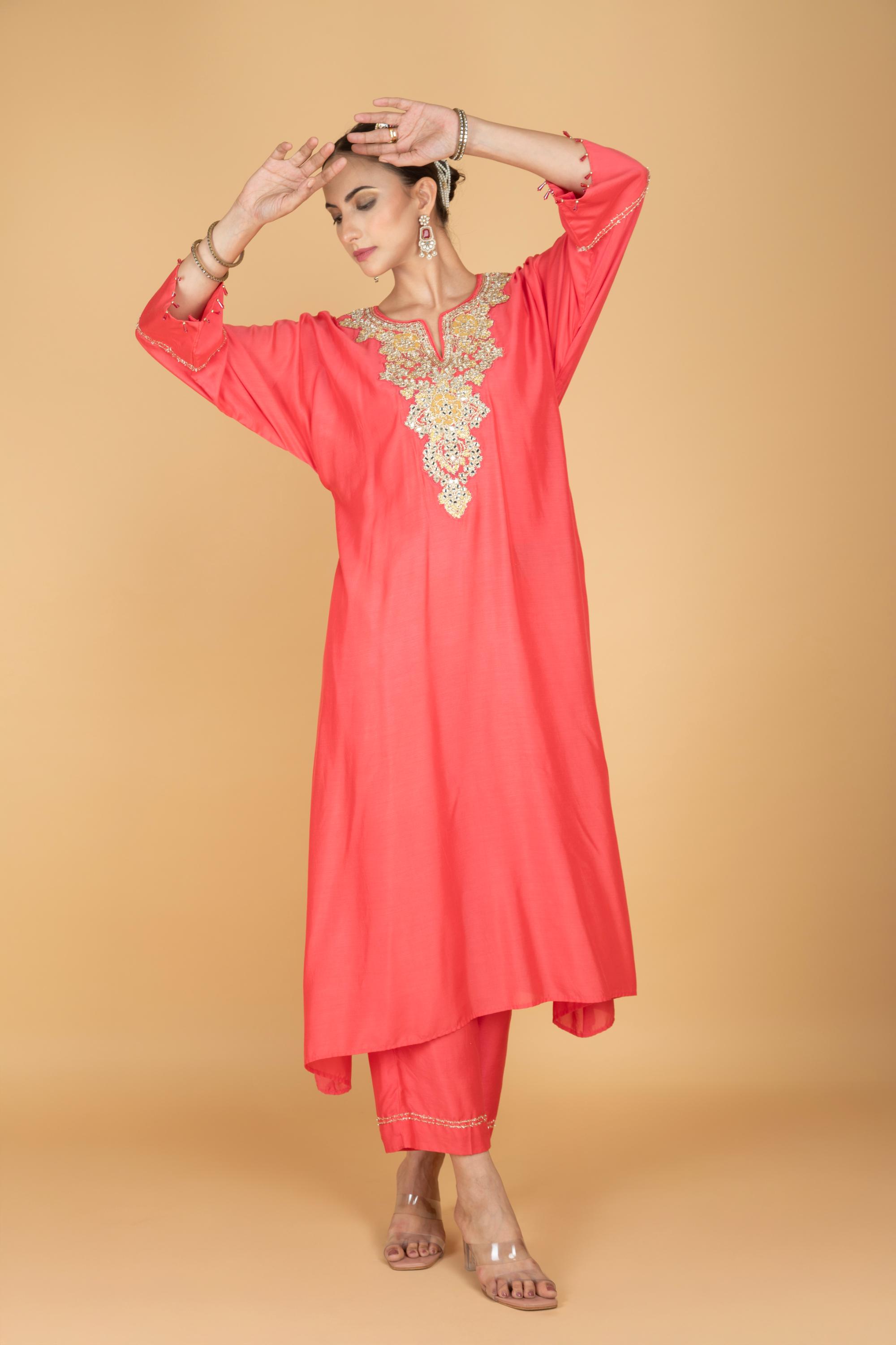 Coral Pink Embroidered Kaftaan Kurta With Pants