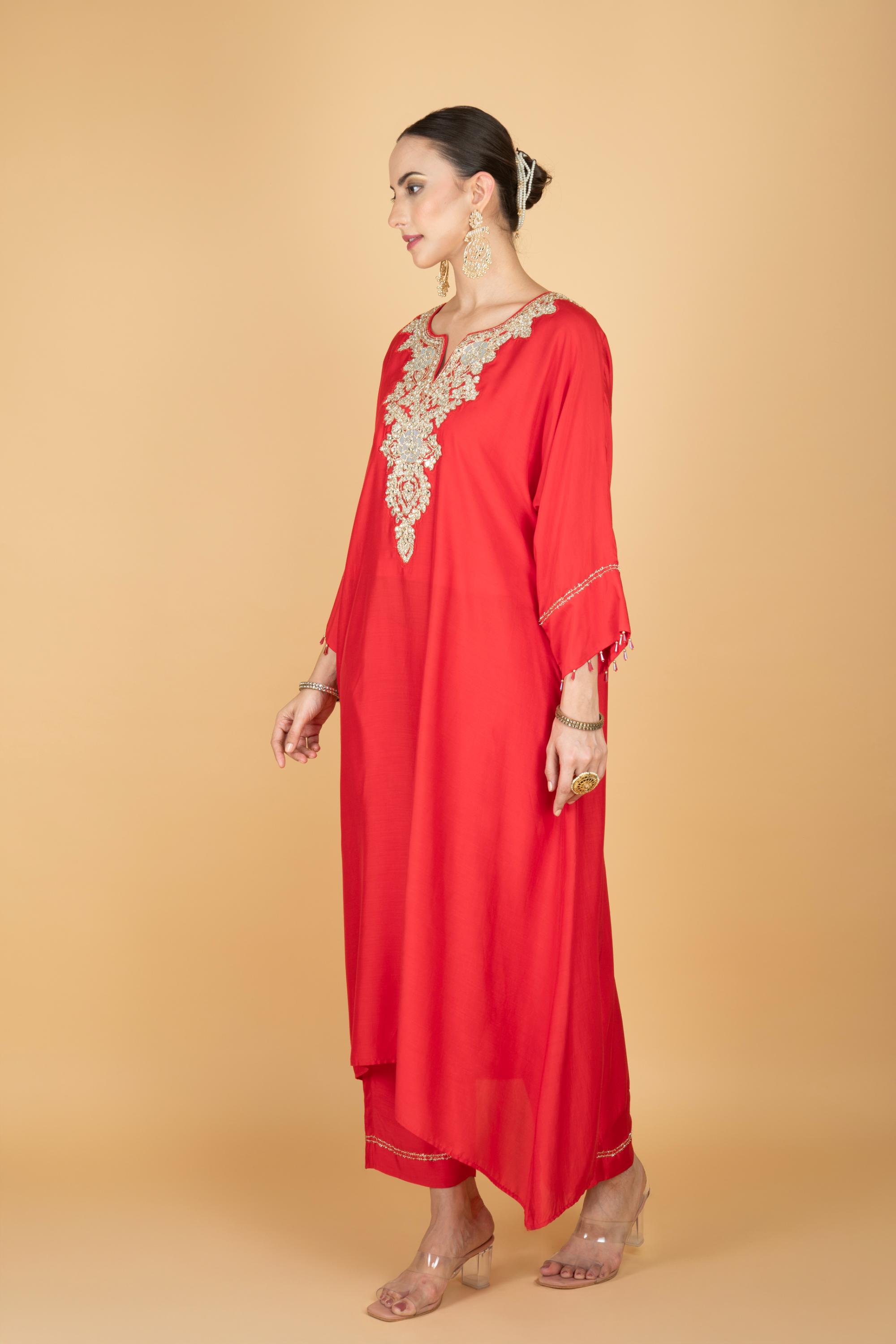 Red Embroidered Kaftaan Kurta With Pants