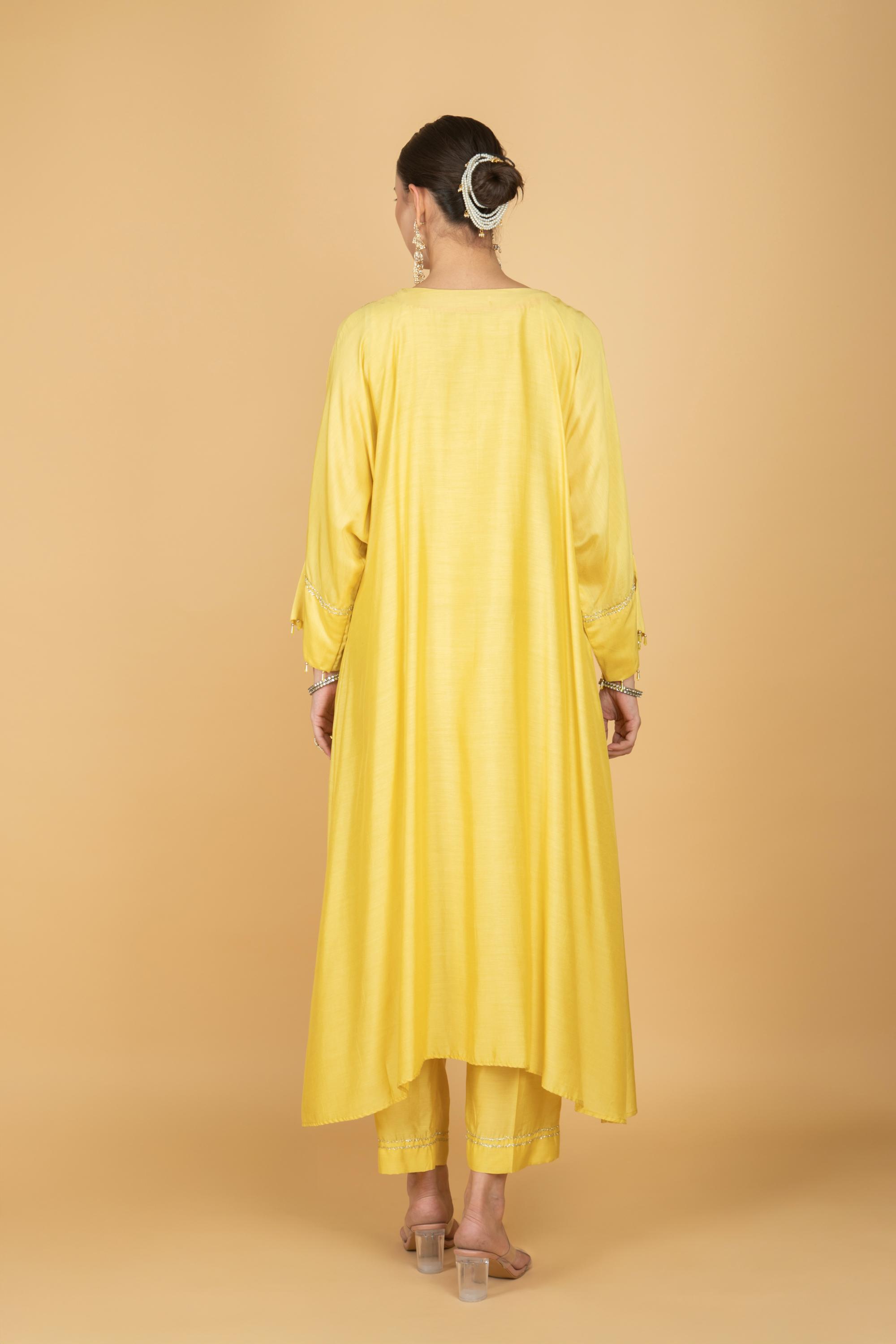Lemon Yellow Embroidered Kaftaan Kurta With Pants