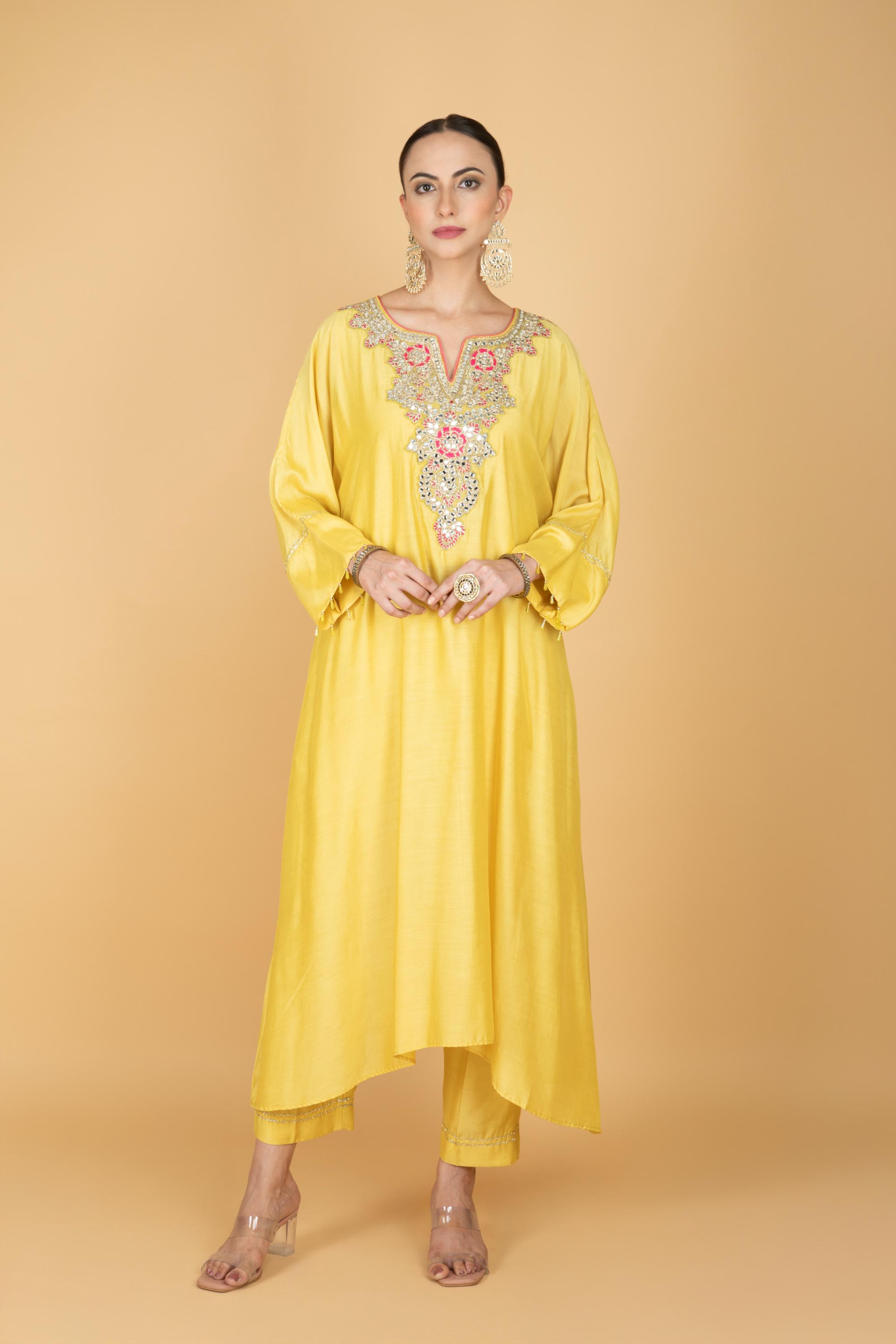 Lemon Yellow Embroidered Kaftaan Kurta With Pants
