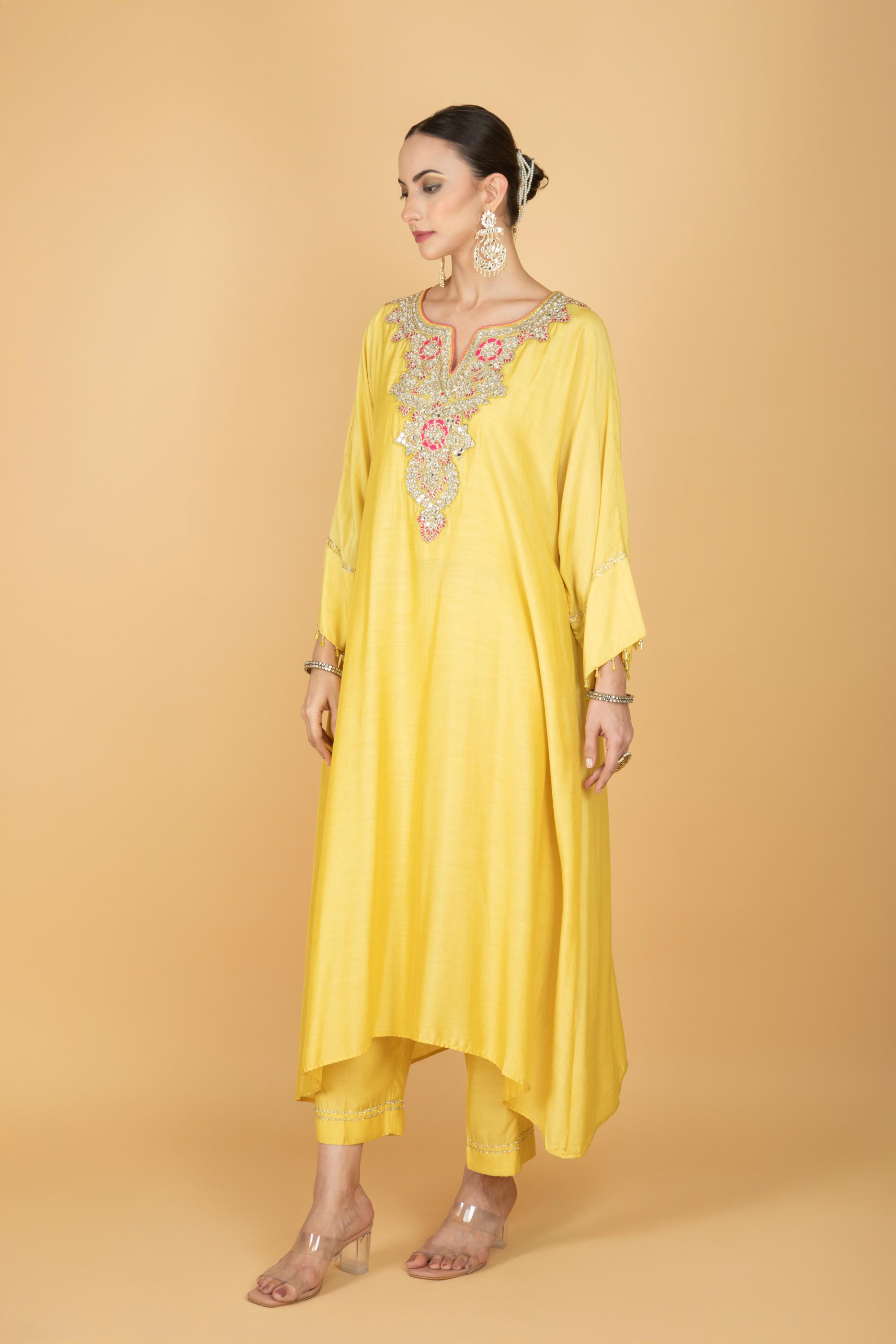 Lemon Yellow Embroidered Kaftaan Kurta With Pants
