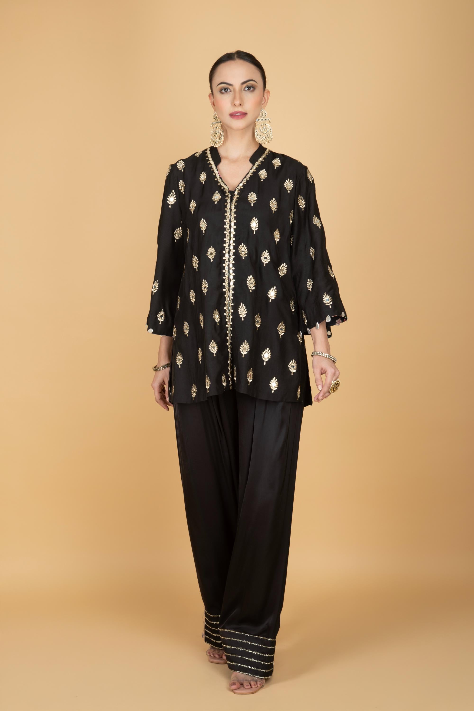 Black Mirror Butti Embroidered Short Kurta with Farsi Salwar & Printed Dupatta