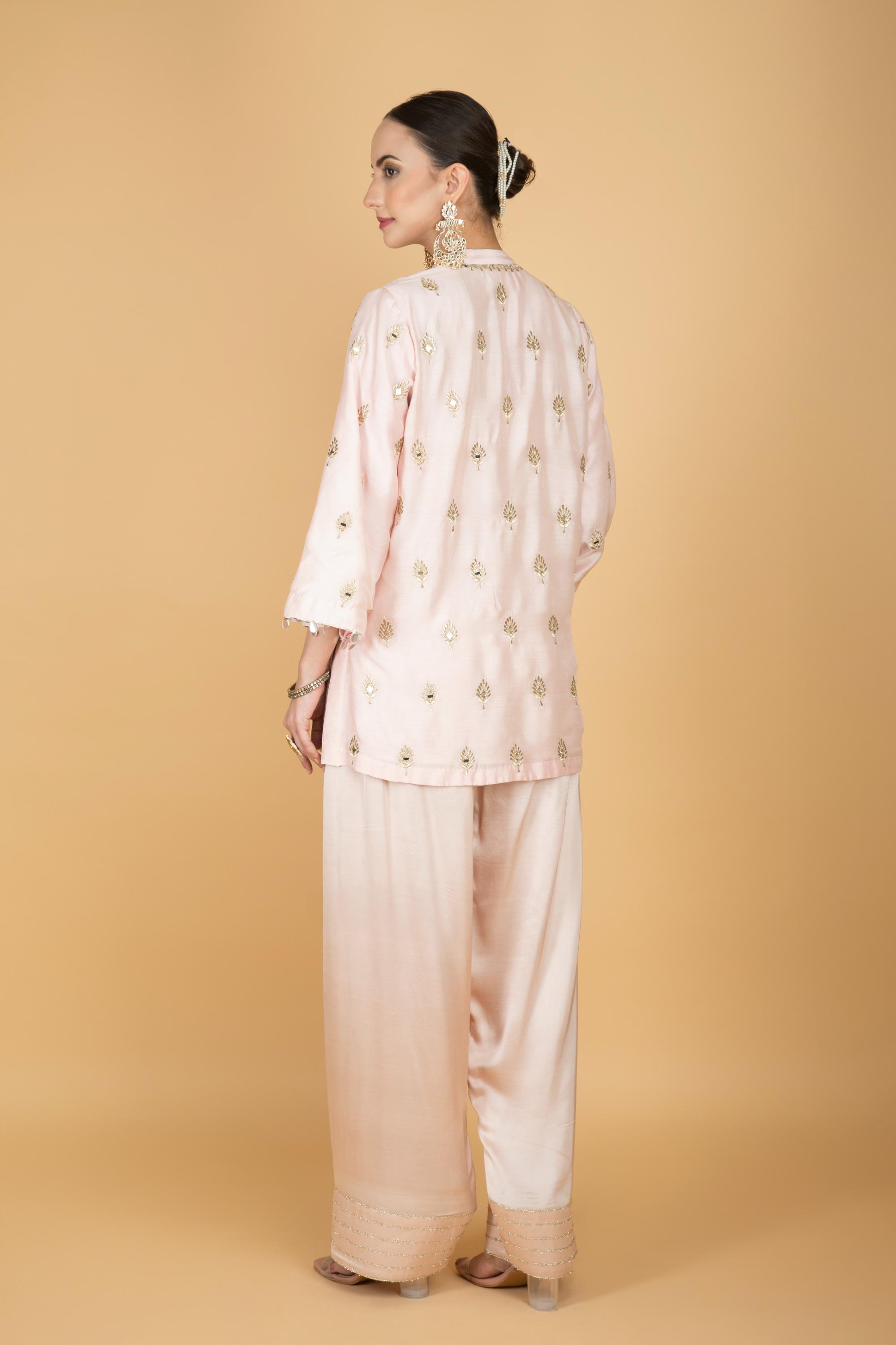 Nude Pink Mirror Butti Embroidered Short Kurta with Farsi Salwar & Printed Dupatta