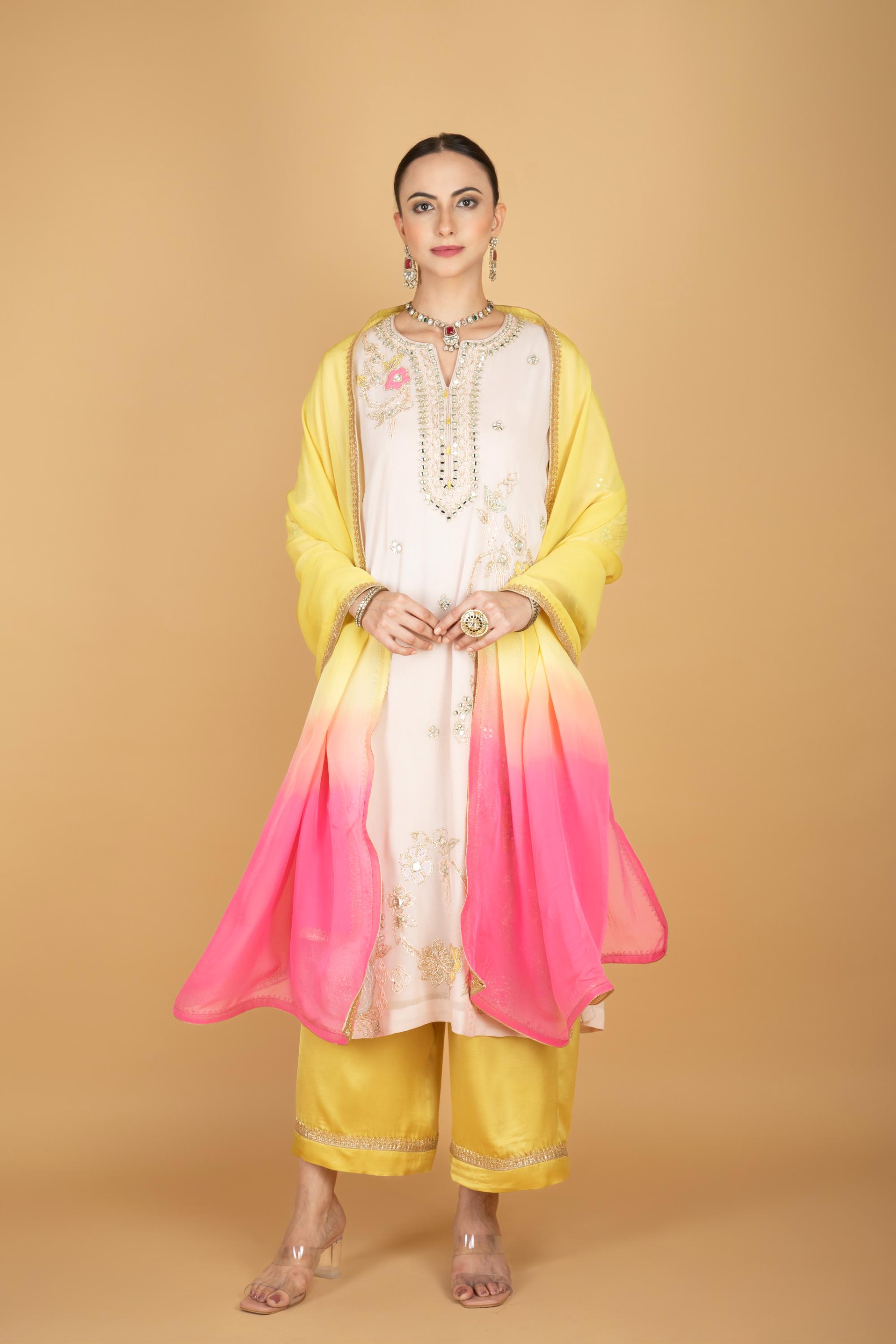 Ivory Embroidered Kurta W/Contrasting Pant & Shaded Dupatta