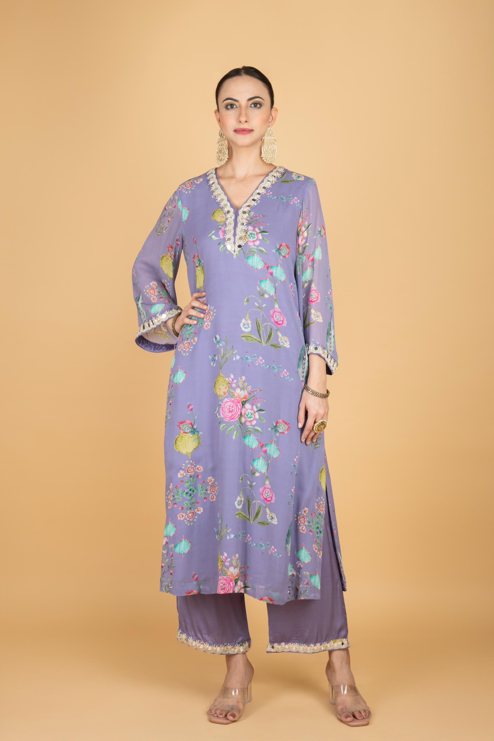 Purple Floral Print Mirror Embroiderd Kurta With Pants & Dupatta