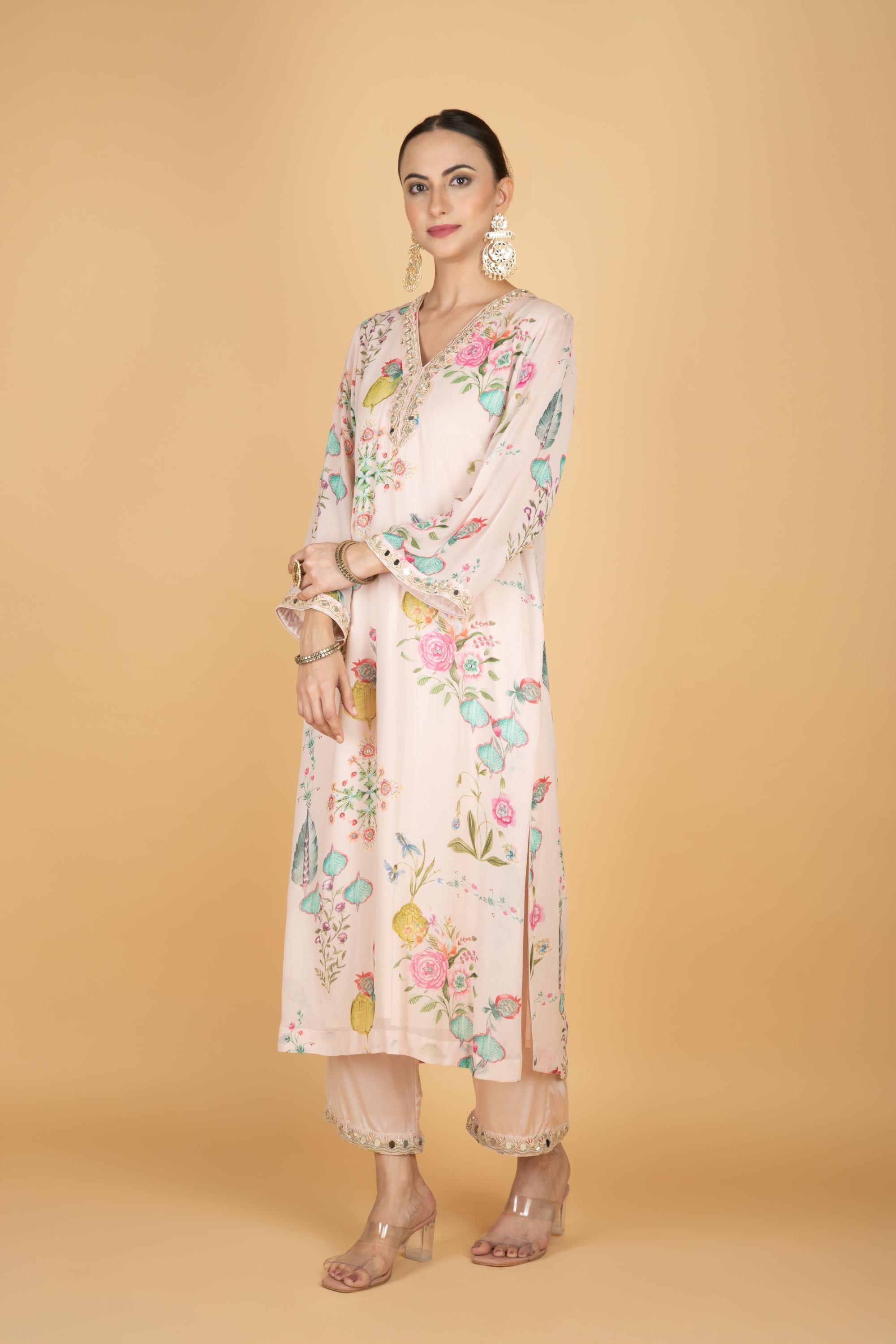 Nude Pink Floral Print Mirror Embroidered Kurta With Pants & Dupatta