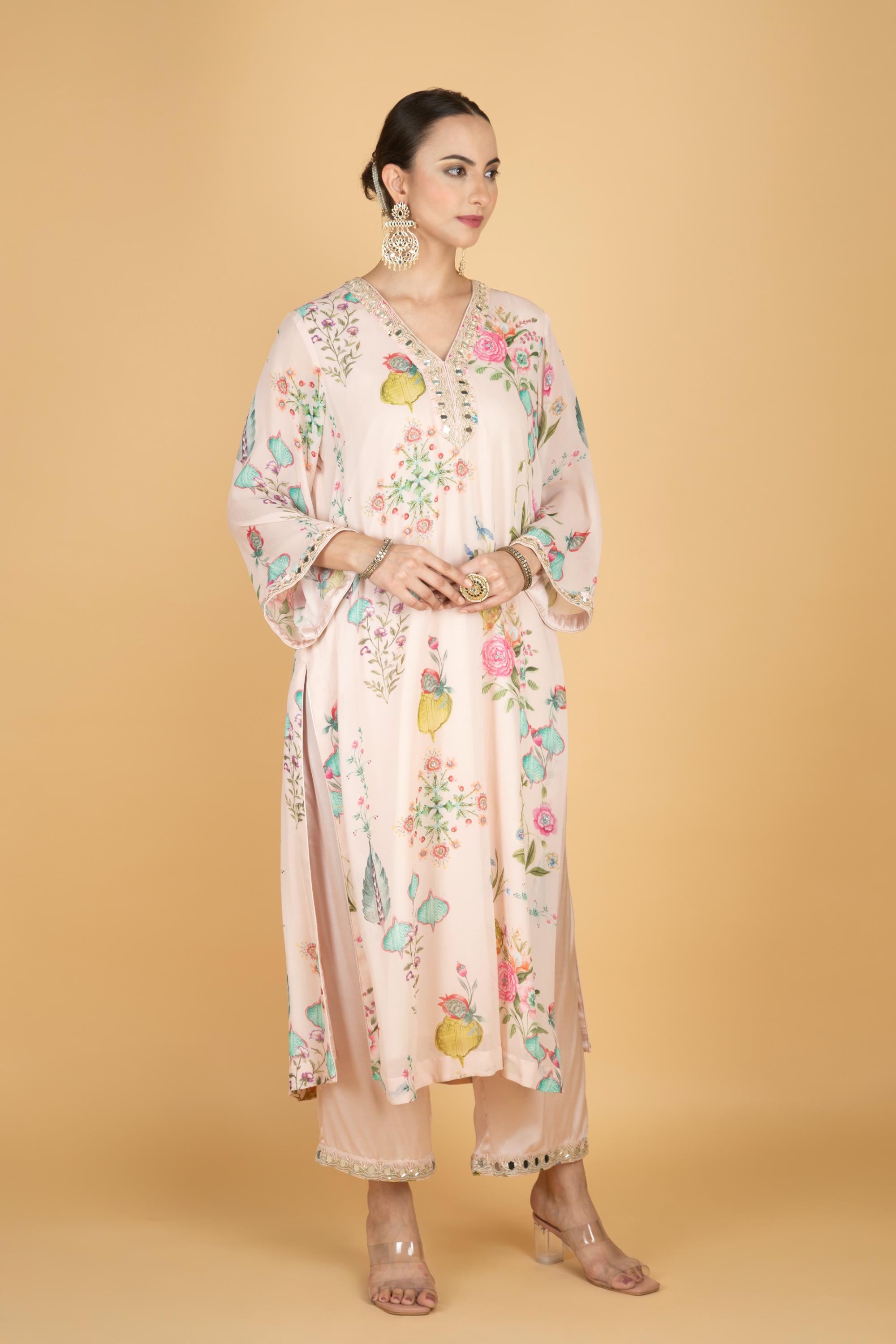 Nude Pink Floral Print Mirror Embroidered Kurta With Pants & Dupatta
