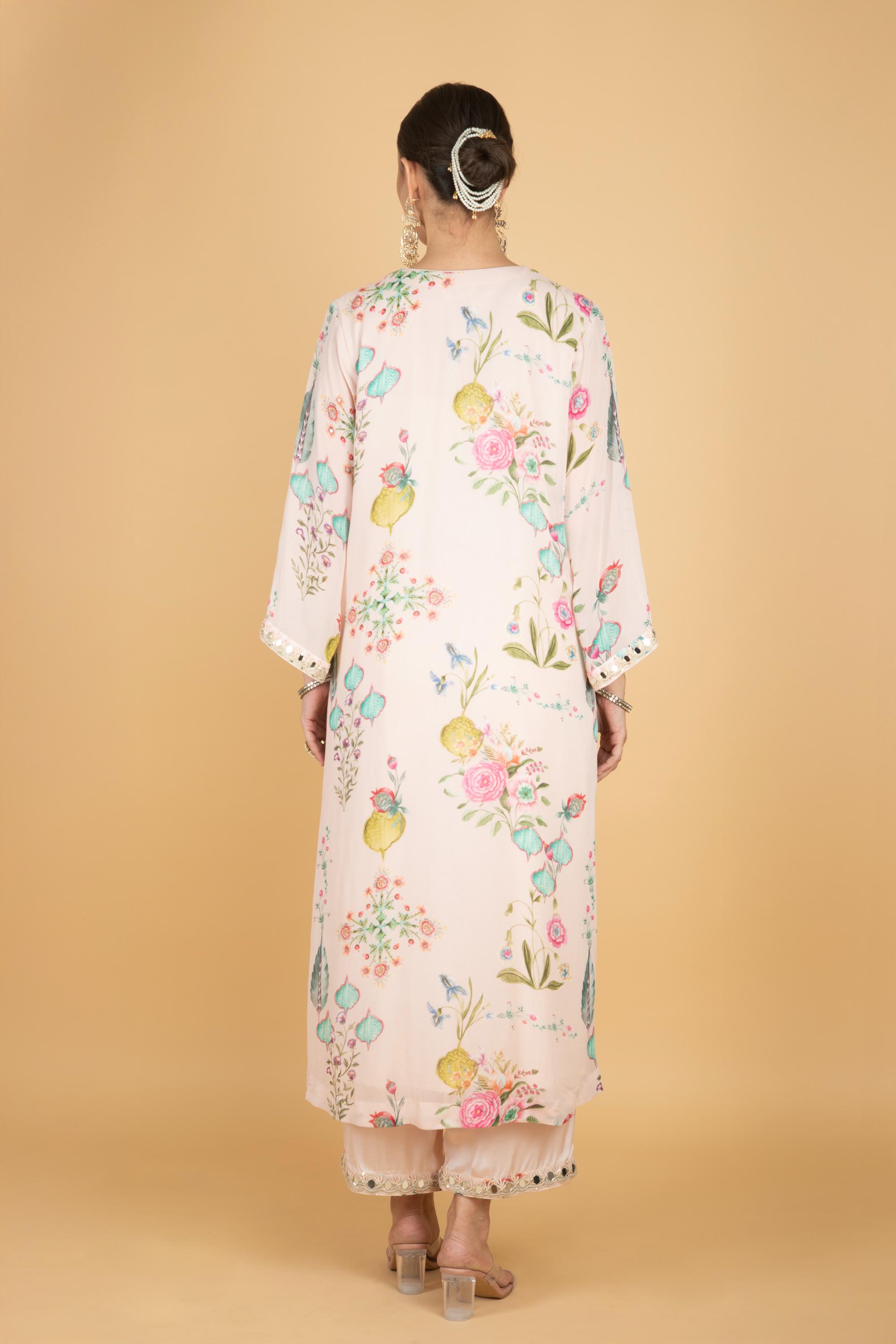 Nude Pink Floral Print Mirror Embroidered Kurta With Pants & Dupatta