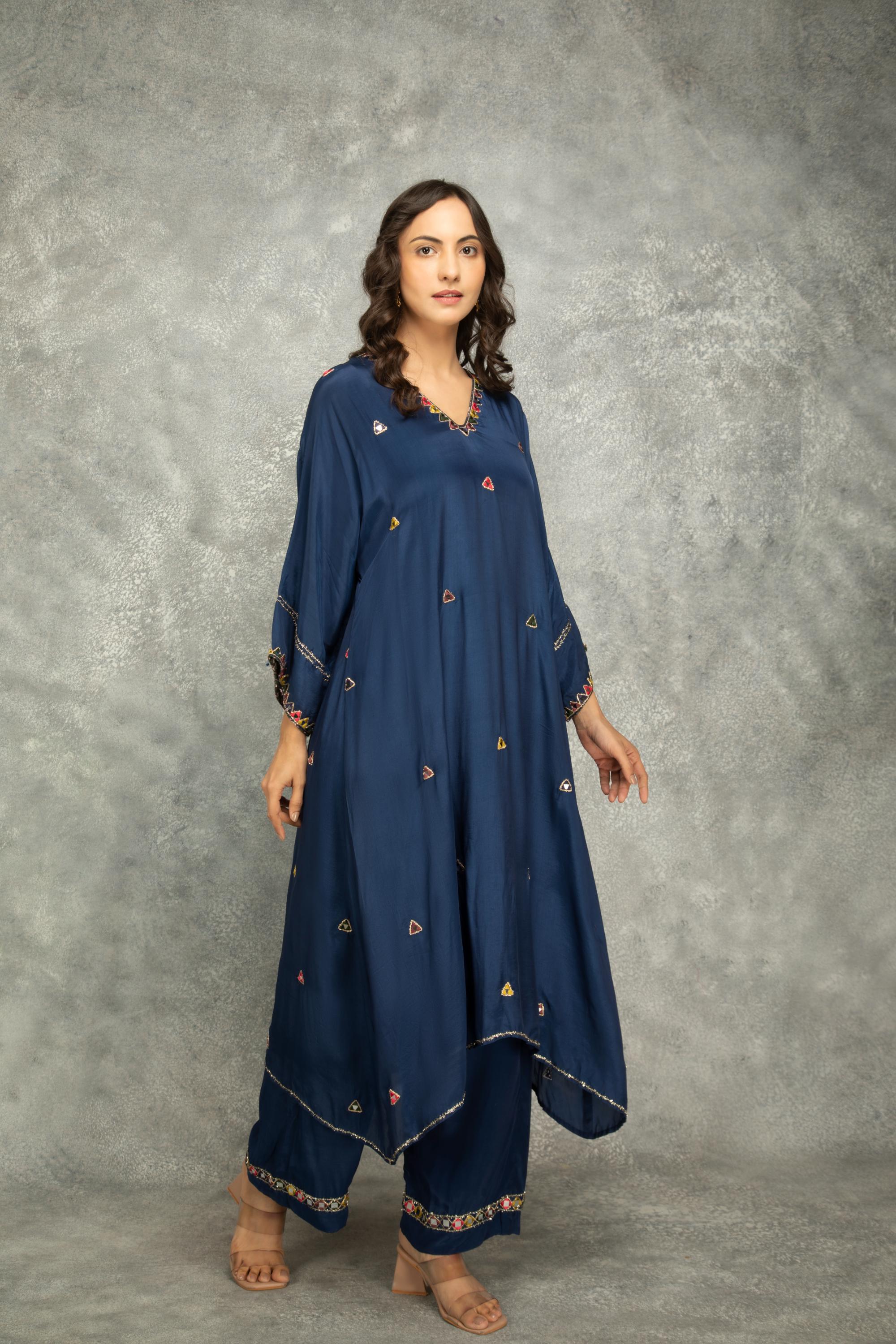 Blue High Low Low Mirror Work Kaftaan Set