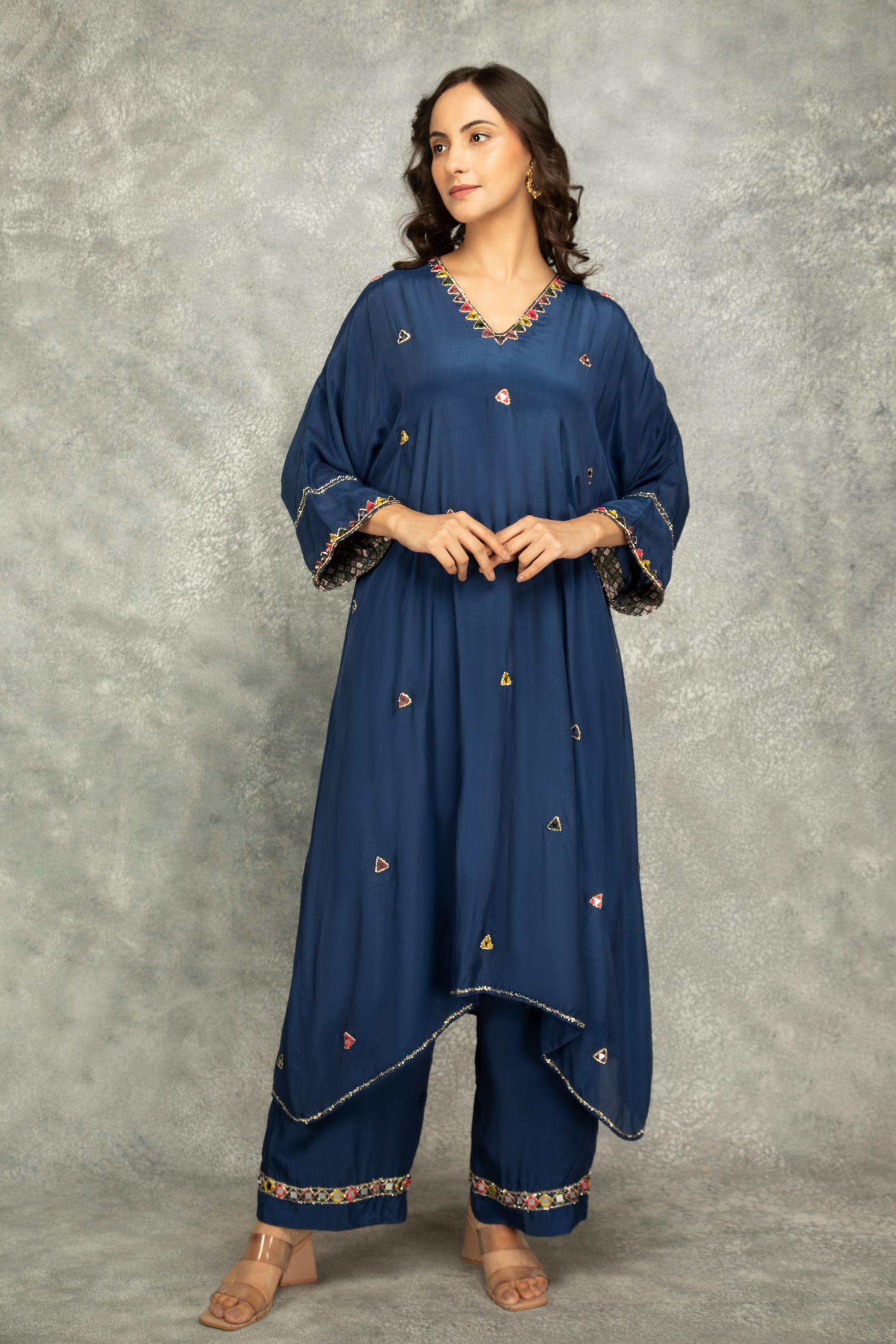 Blue High Low Low Mirror Work Kaftaan Set