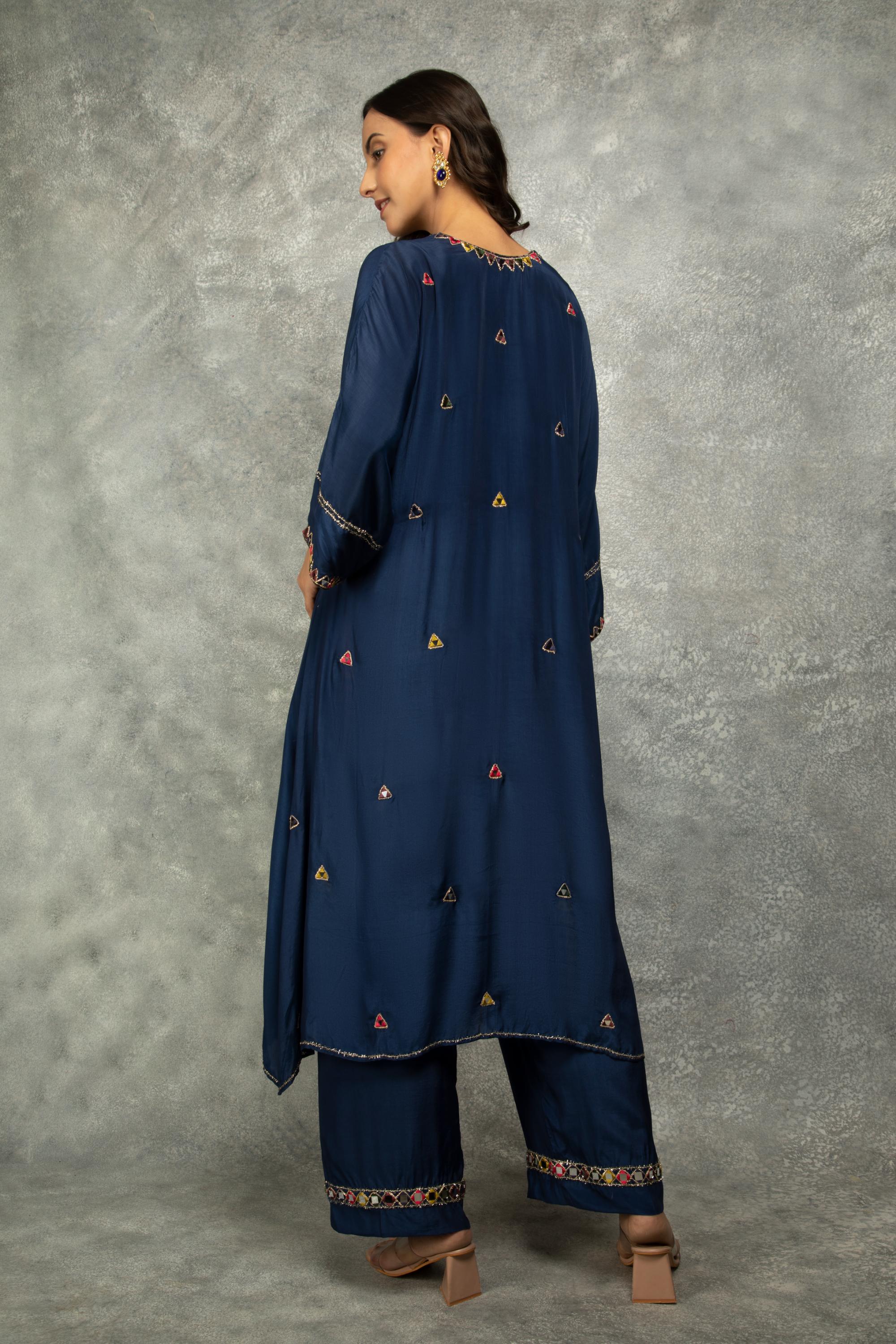 Blue High Low Low Mirror Work Kaftaan Set