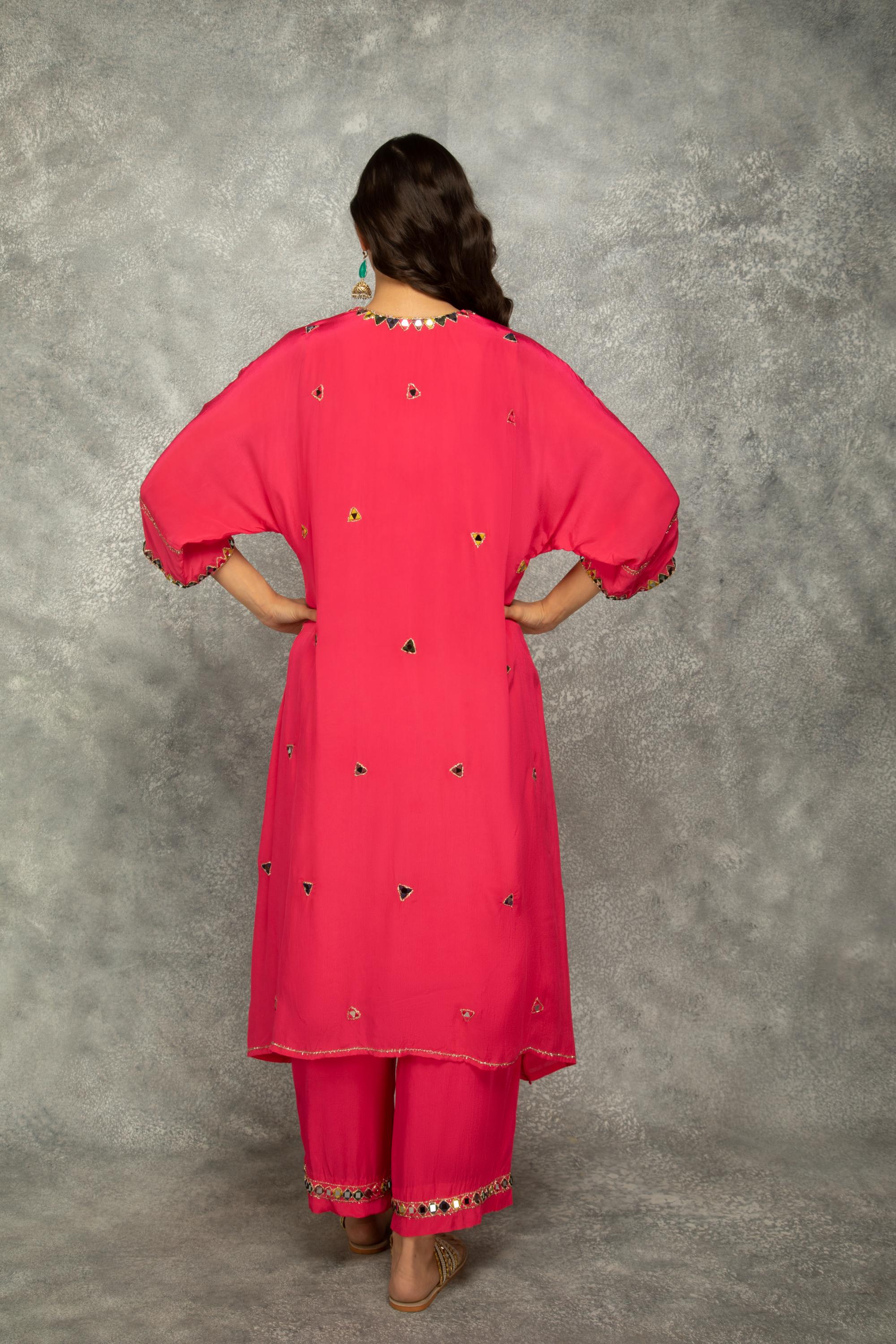 FushiaHigh Low Low Mirror Work Kaftaan Set
