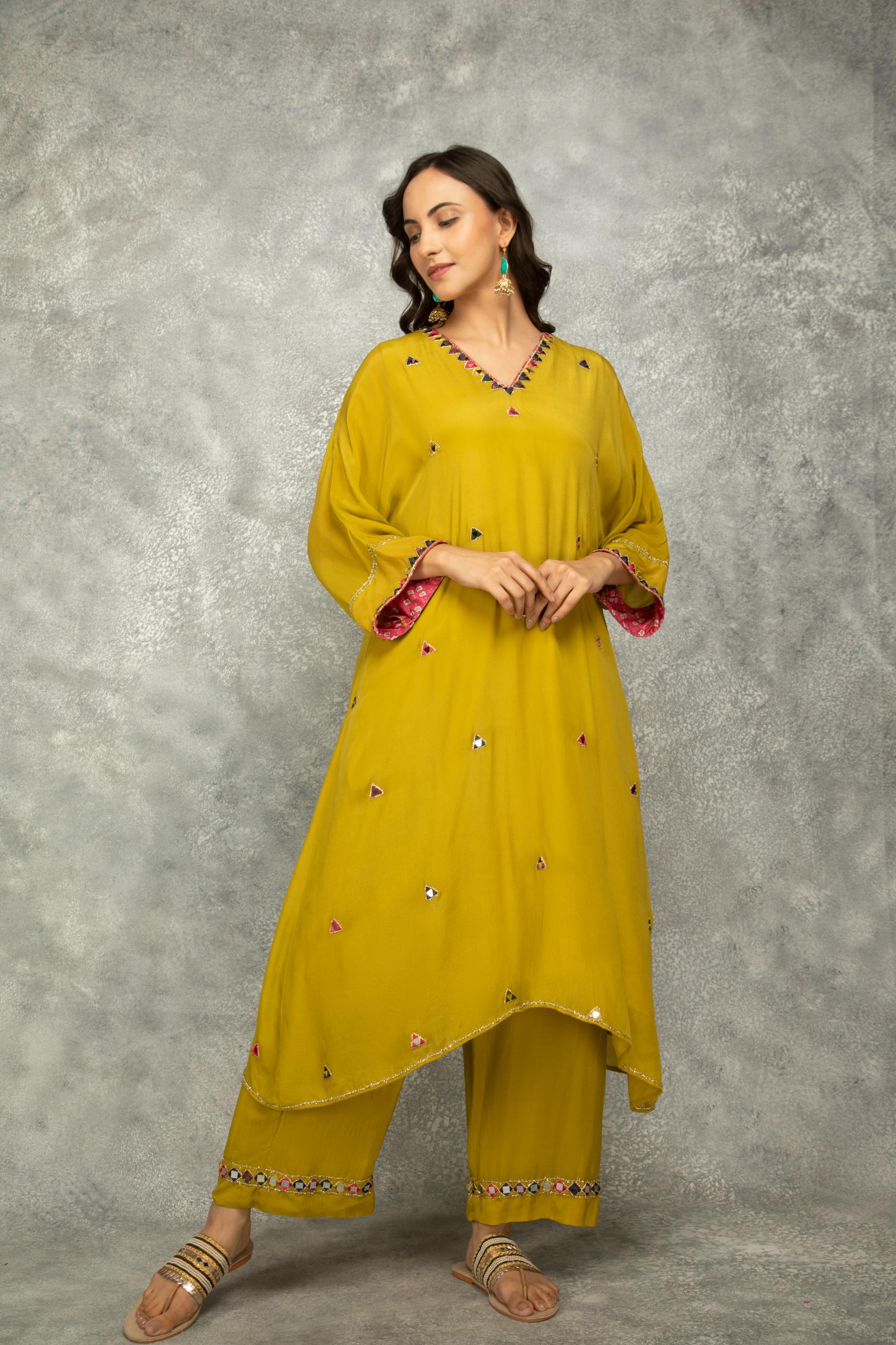 Mustard Green High Low Low Mirror Work Kaftaan Set