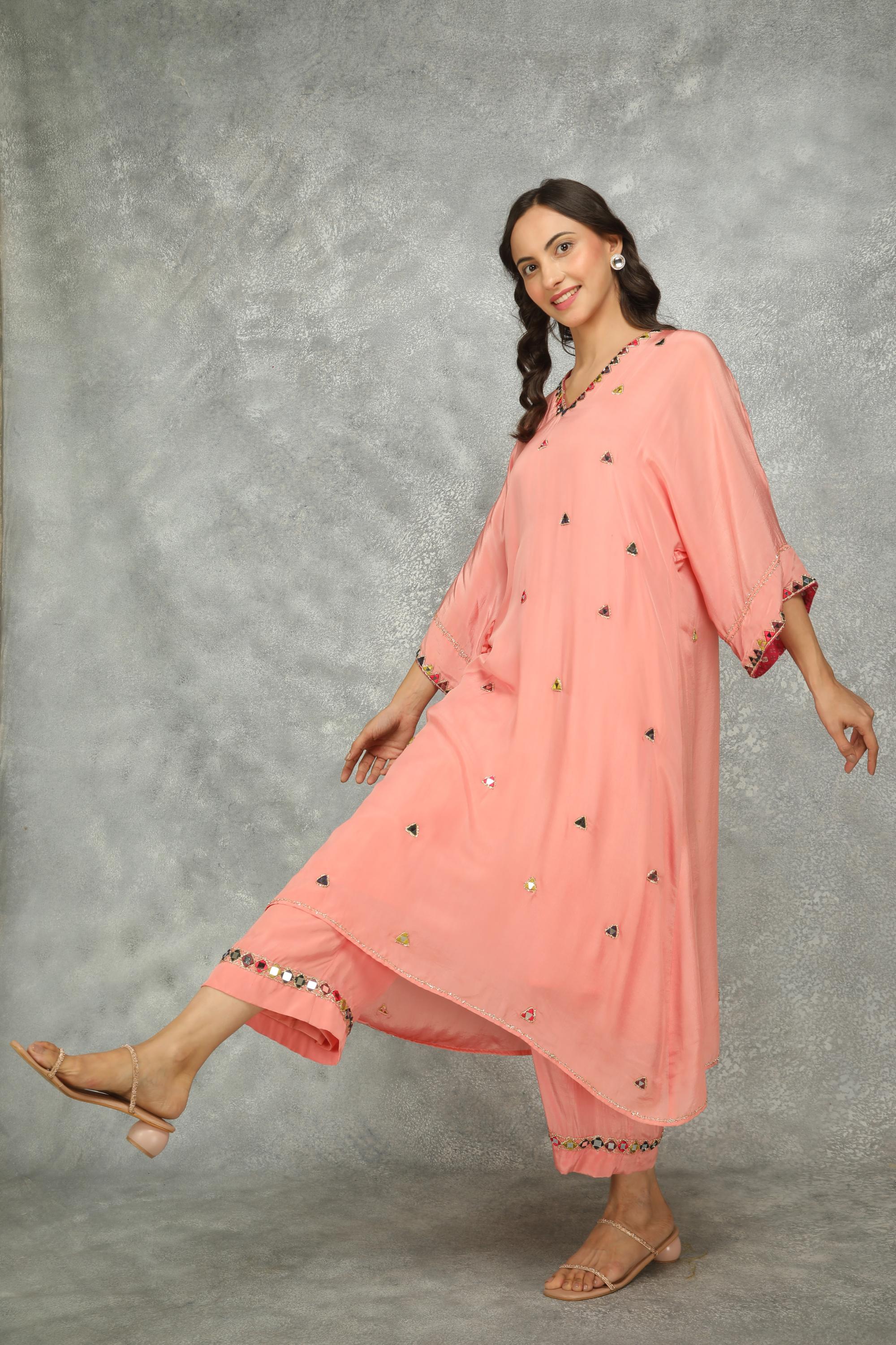 Peach High Low Low Mirror Work Kaftaan Set