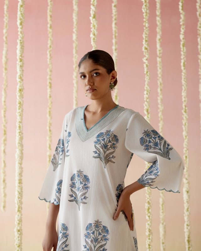 Salvia Blue Floral Buta Kurta with Wide Leg Pants- Set of 2