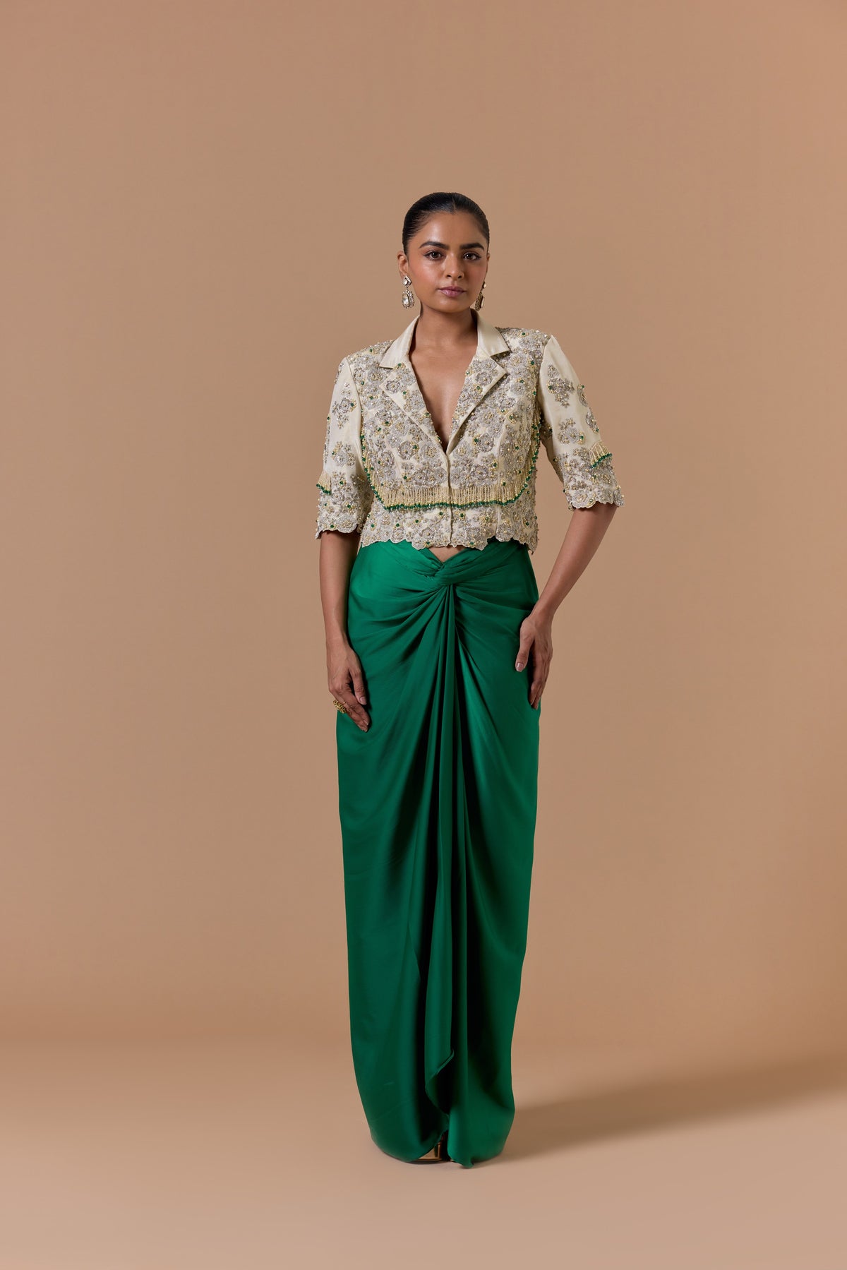 GREEN DRAPED INDOWESTERN SAREE WITH TISSUE JACKET