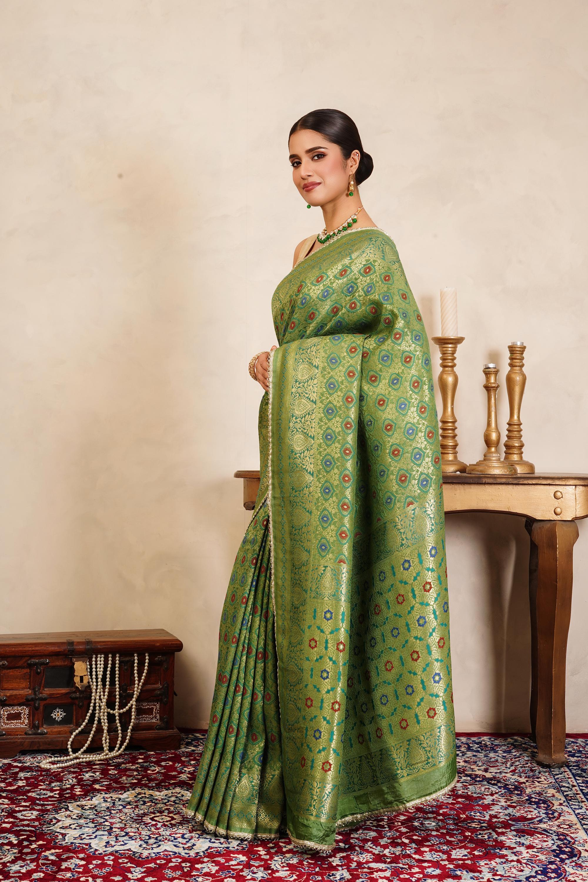 Pista Green Pure Silk Brocade Banarasi Meenakari Handloom Saree
