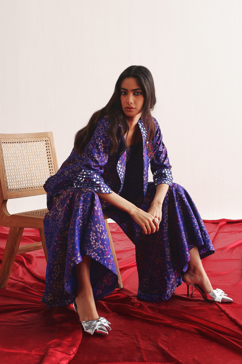 PURPLE PATOLA BLAZER WITH BOOTCUT AND BANDEAU SET