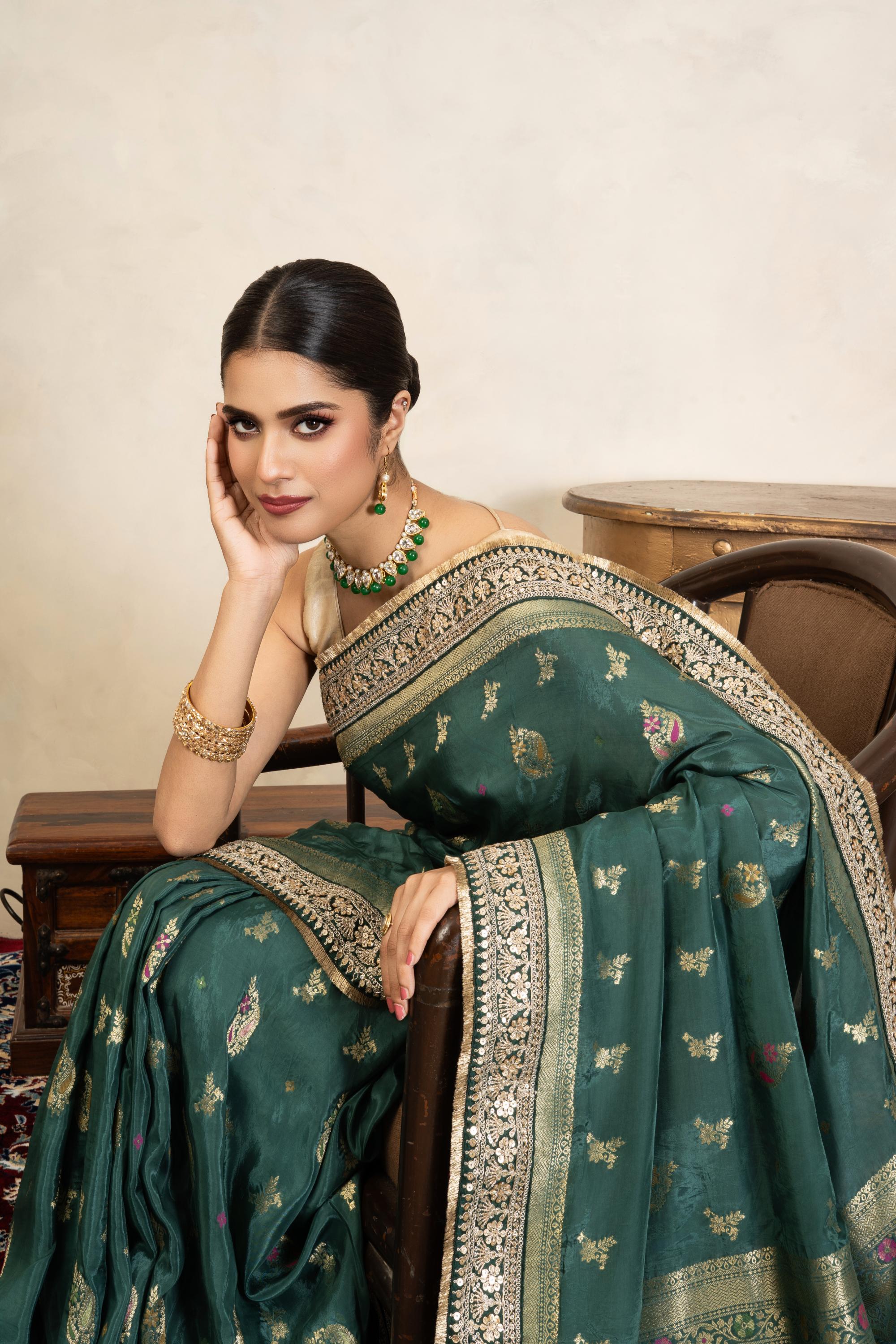 Teal Green Pure Katan Silk Banarasi Handloom Saree