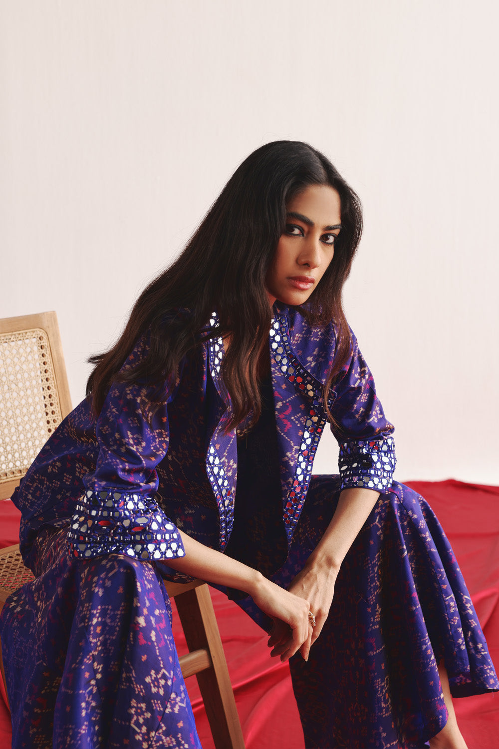 PURPLE PATOLA BLAZER WITH BOOTCUT AND BANDEAU SET