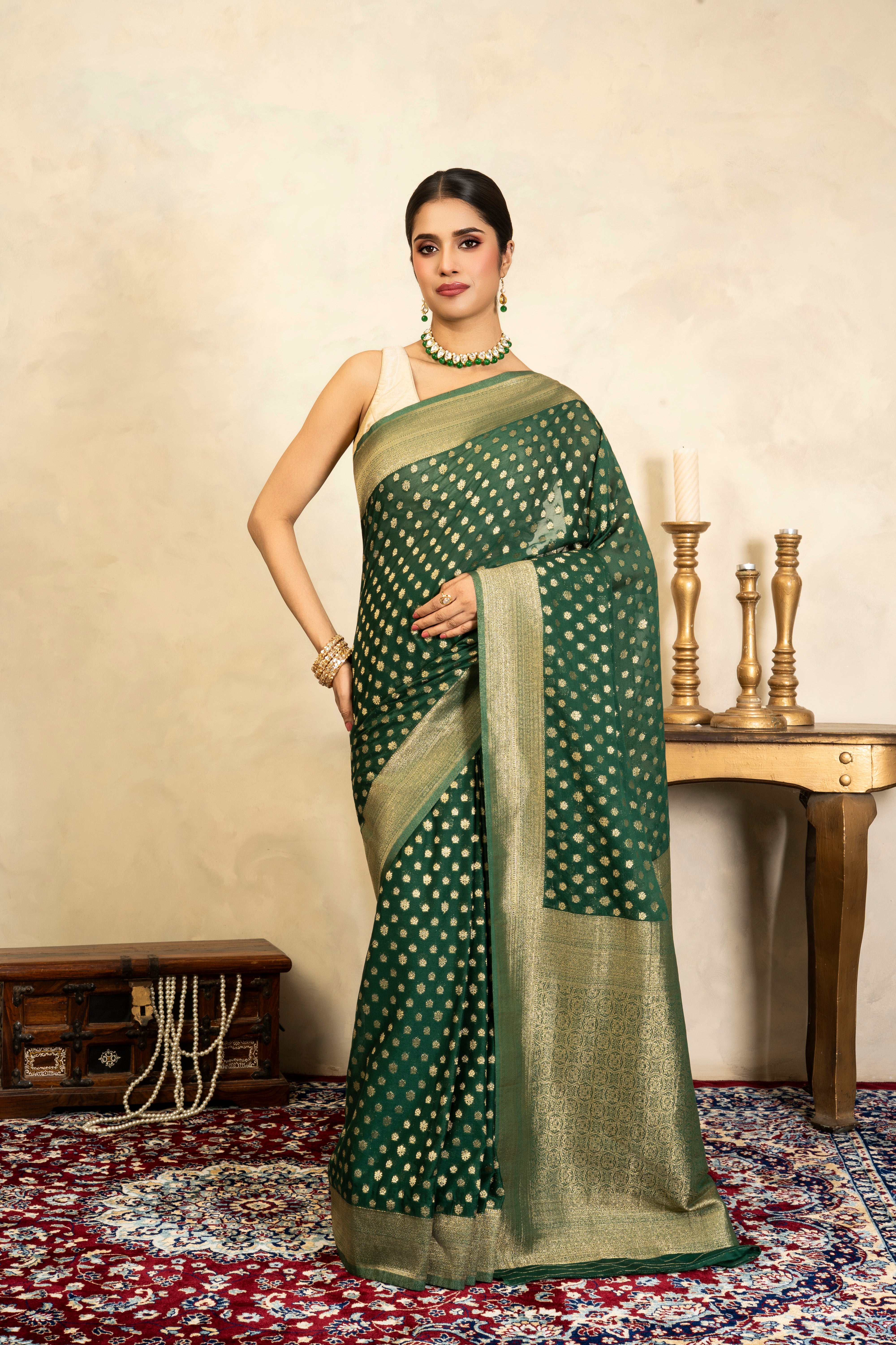 Bottle Green Pure Chiffon Banarasi Handloom Saree