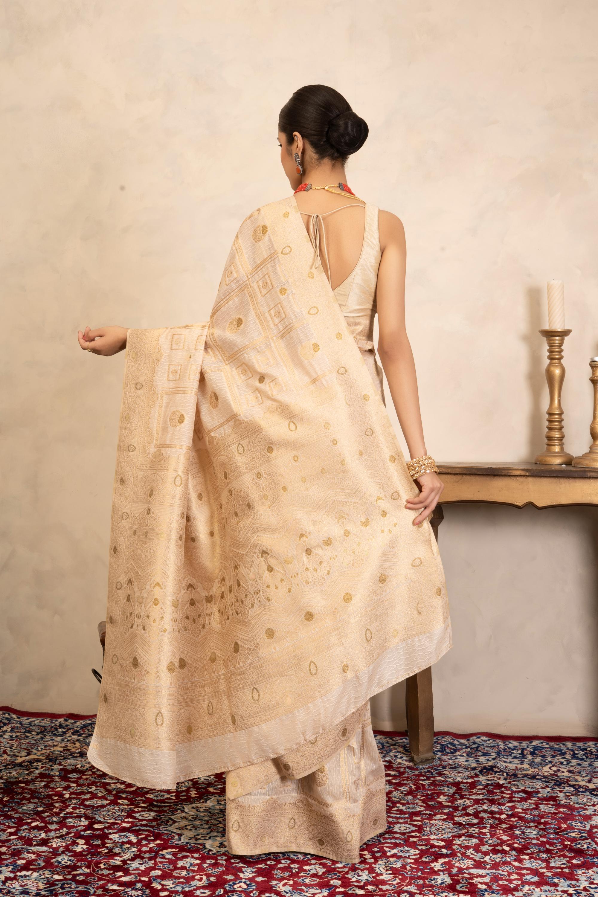 Beige Pink Pure Silk Banarasi Handloom Saree