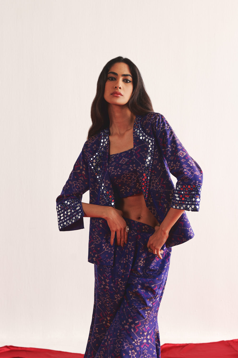 PURPLE PATOLA BLAZER WITH BOOTCUT AND BANDEAU SET