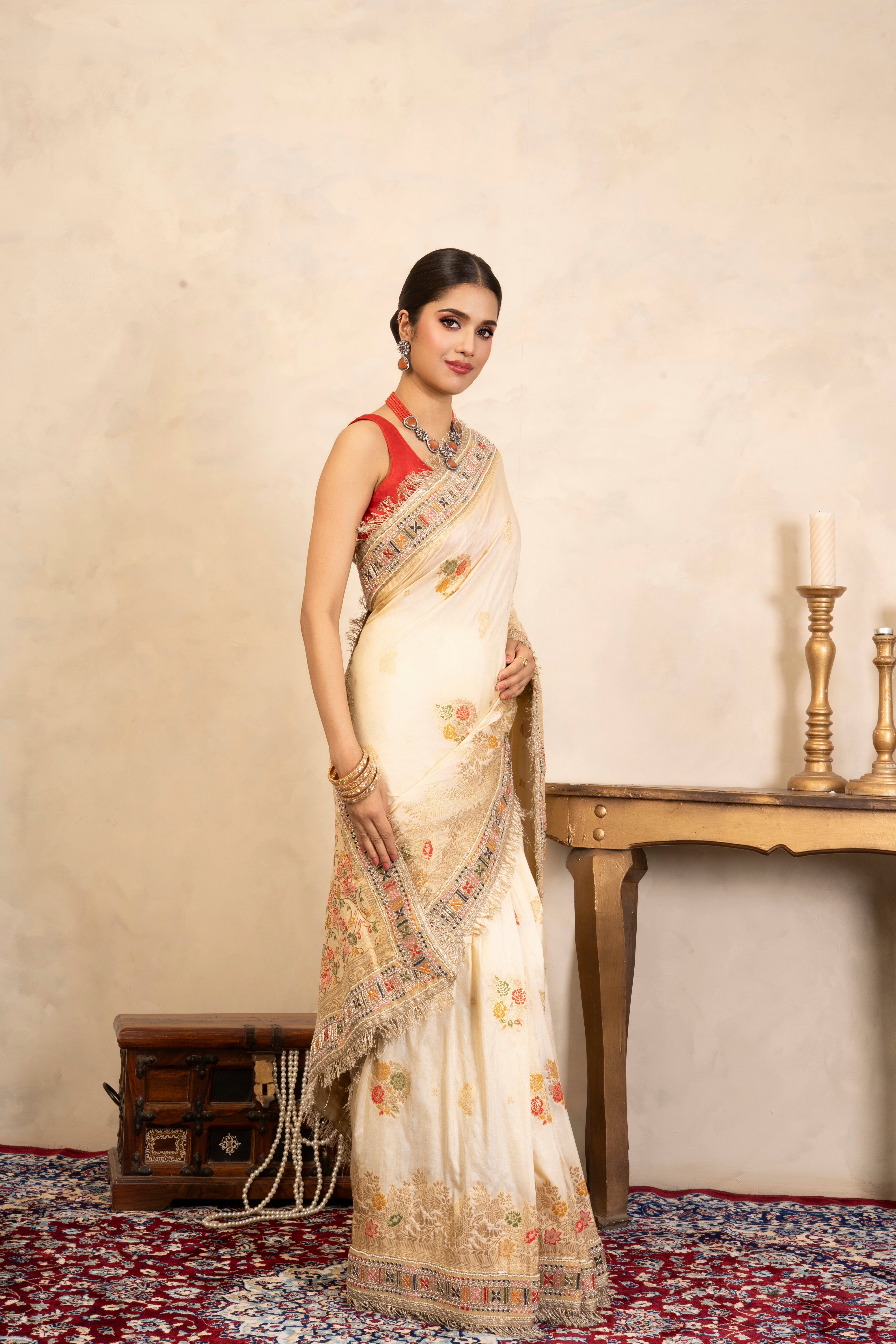 Cream Pure Katan Silk Banarasi Handloom Saree