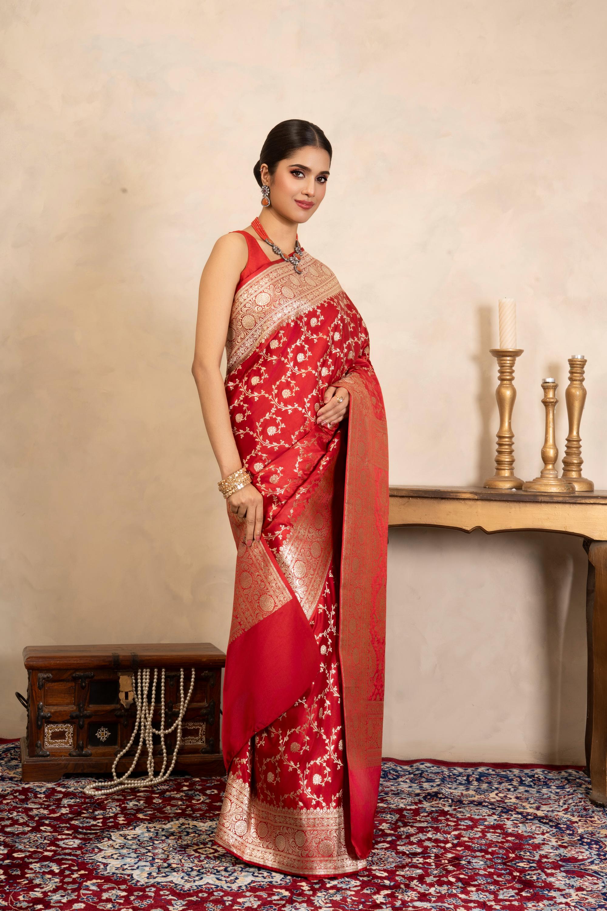 Red Pure Katan Satin silk Banarasi Handloom Saree
