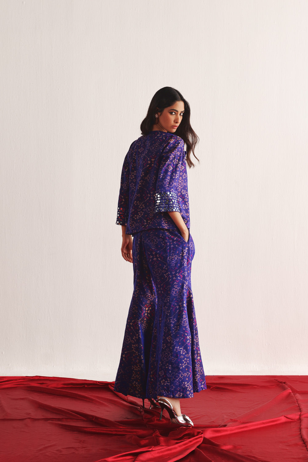 PURPLE PATOLA BLAZER WITH BOOTCUT AND BANDEAU SET