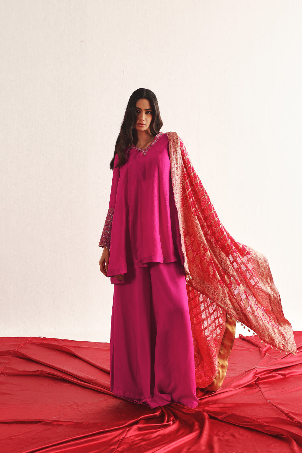 Marodiwork Silk Kurta and Flared Pants with Dupatta