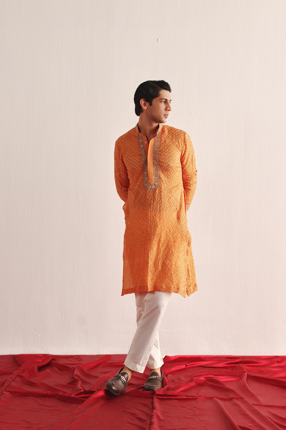MANDARIN CRUSHED BANDHANI KURTA WITH MARODIWORK