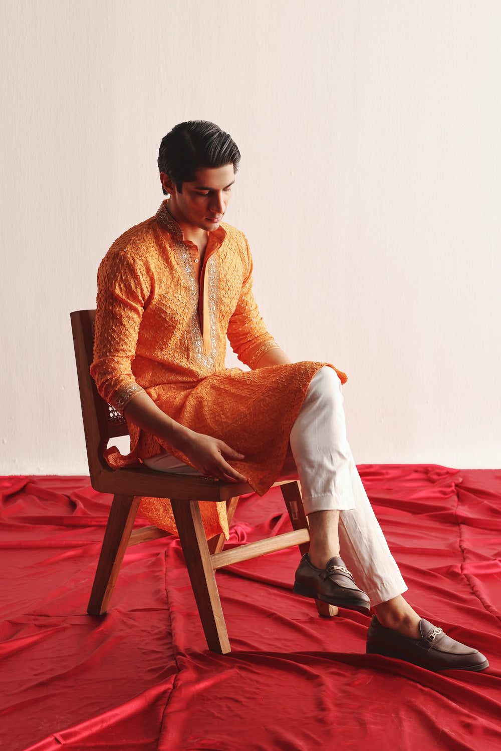 MANDARIN CRUSHED BANDHANI KURTA WITH MARODIWORK