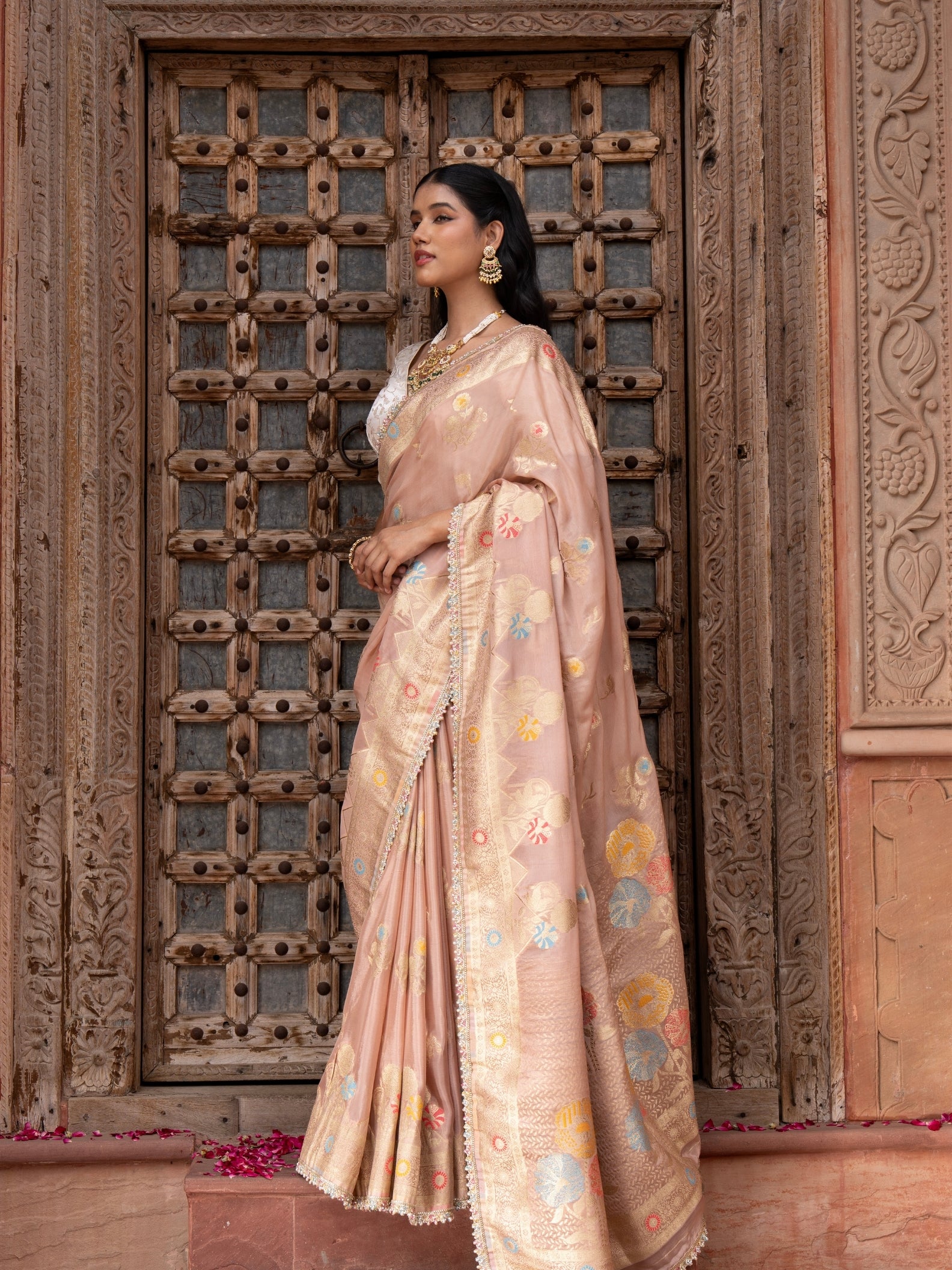 Onion Pink Pure Chiffon Banarasi Silk Handloom Saree